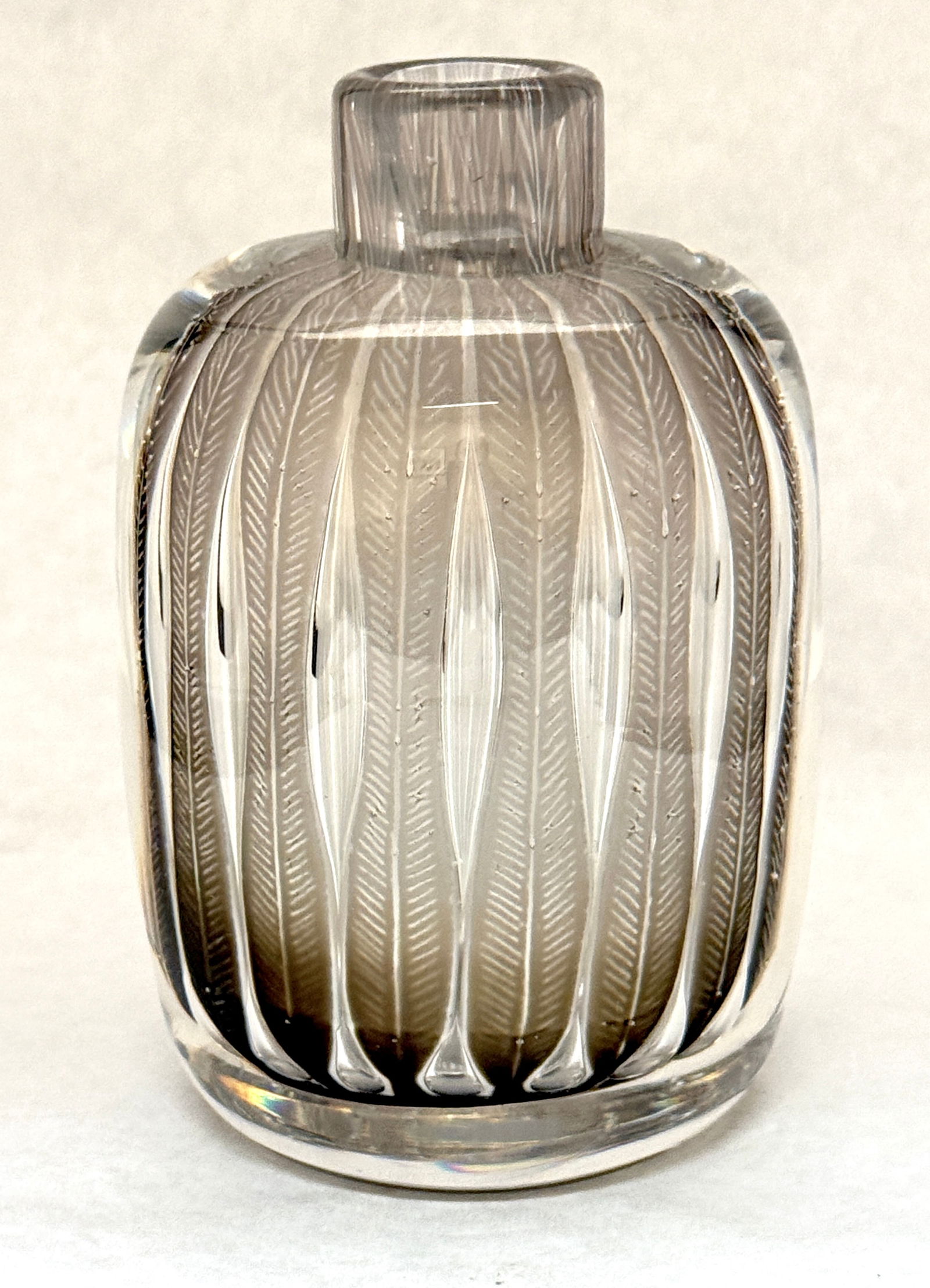 Orrefores Ariel Vase: Orrefores Ariel vase, crystal with pulled feathers brown to taupe, signed Orrefores Sweden Ariel 922 Edvin Ohrstrom; ht. 6 1/2". PROVENANCE: from the collection of Mark Chamovitz. CONDITION: no chips,
