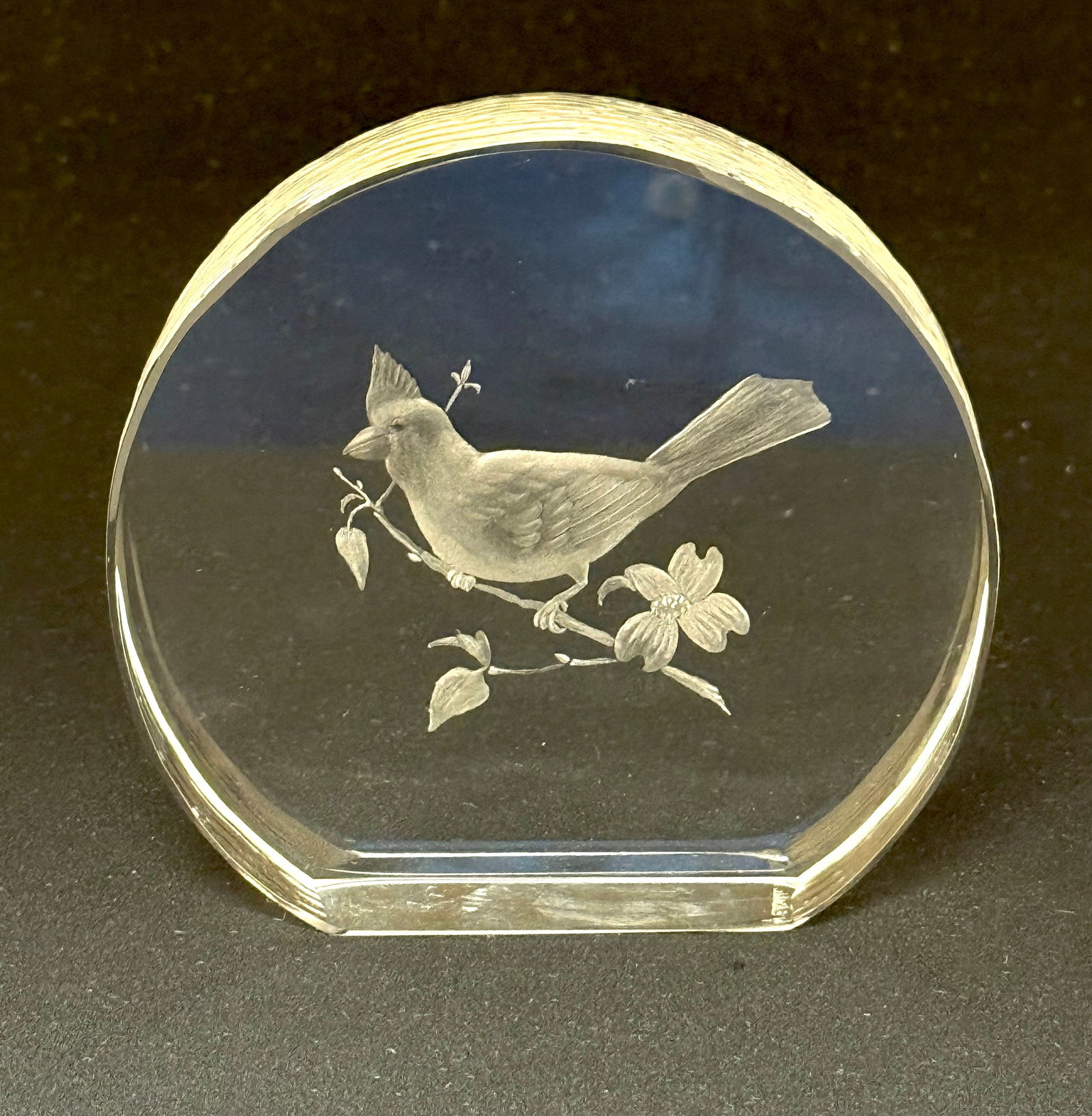Max Erlacher Paperweight: Max Erlacher clear paperweight and etched cardinal, signed Max R. Erlacher '18; diameter 3 3/4" ht 3 1/2". PROVENANCE: from the collection of Mark Chamovitz. CONDITION: no chips, cracks, repairs or ma