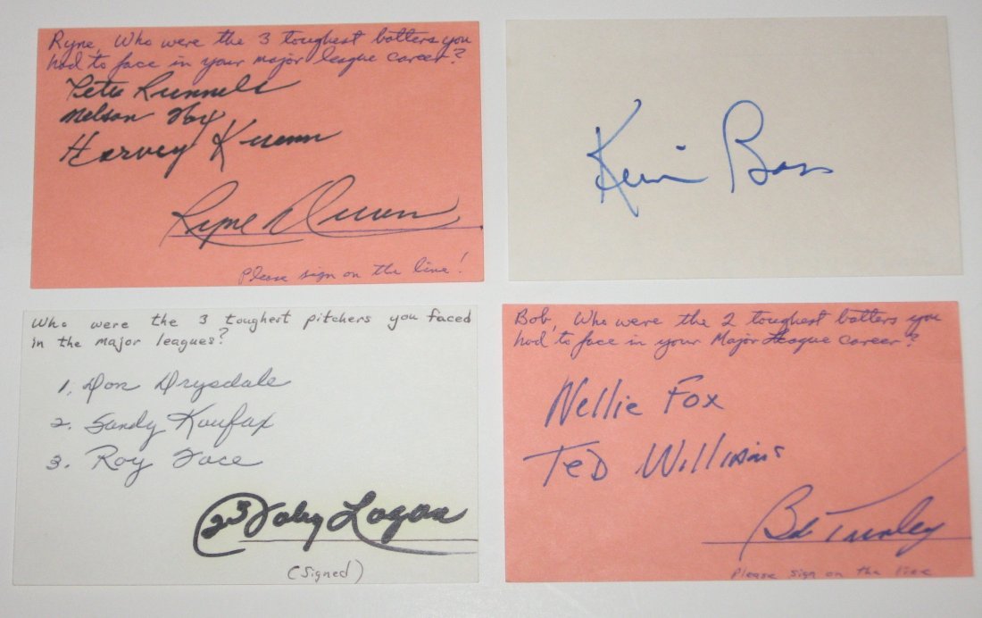 Four signed index cards of past players,: including Milwaukee's Johnny Logan, New York's Ryne Duyen and Bob Turley, and the Astros Kevin Bass, all acquired by Rev. Martin Schulz.
