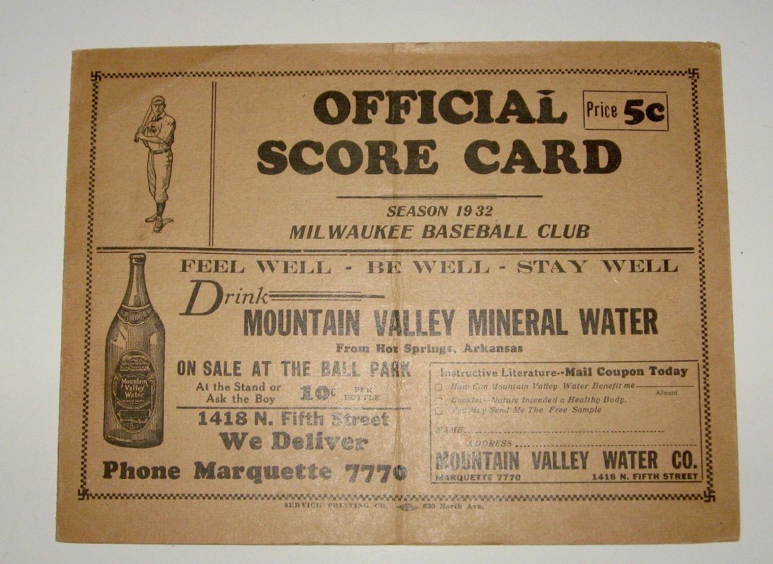 Vintage 1932 Milwaukee Brewers scorecard,: un-used card when Milwaukee was playing Indianapolis.