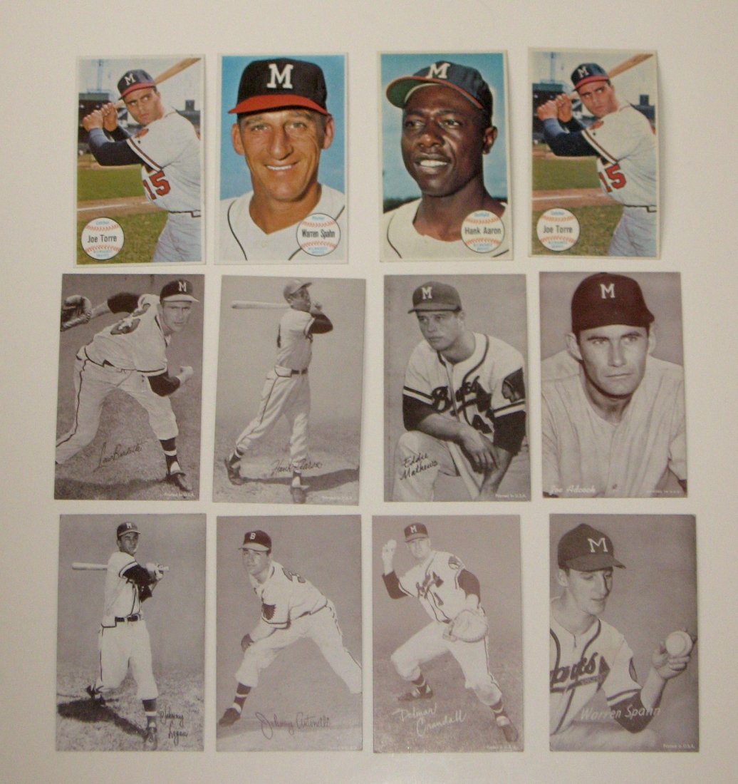 Group of 1947-66 giant Braves cards,: including 1947-66 Exhibits cards of Hank Aaron, Joe Adcock, Delmar Crandall, Johnny Antonelli, Johnny Logan, Warren Spahn stat back, Eddie Mathers, Lou Burdette stat back. TOGETHER with 1964 Topps gia