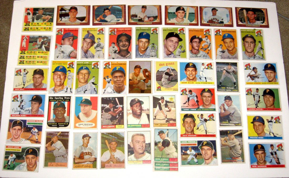 133 Pittsburgh Pirate cards,: 52 older cards including 1953 Clem Koshorek, 1954 S1955 Dick Smith rookie, 1954 Fred Haney, 1954 Vernon Law, 1955 Bob Skinner rookie, 1957 Bob Friend, 1961 Murtaugh. Later players AL Oliver, Bobby Bon