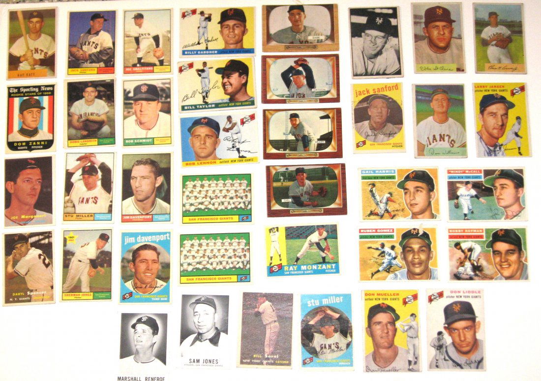 133 N. Y. and San Francisco Giants cards,: 1954 Ray Katt rookie, 1954 Dusty Rhodes rookie, 1954 don Mueller, two 1961 team cards. Later cards of Will Clark, Chili Davis, Champ Summers, Joe Morgan, Manny Trillo, and Reggie Smith.