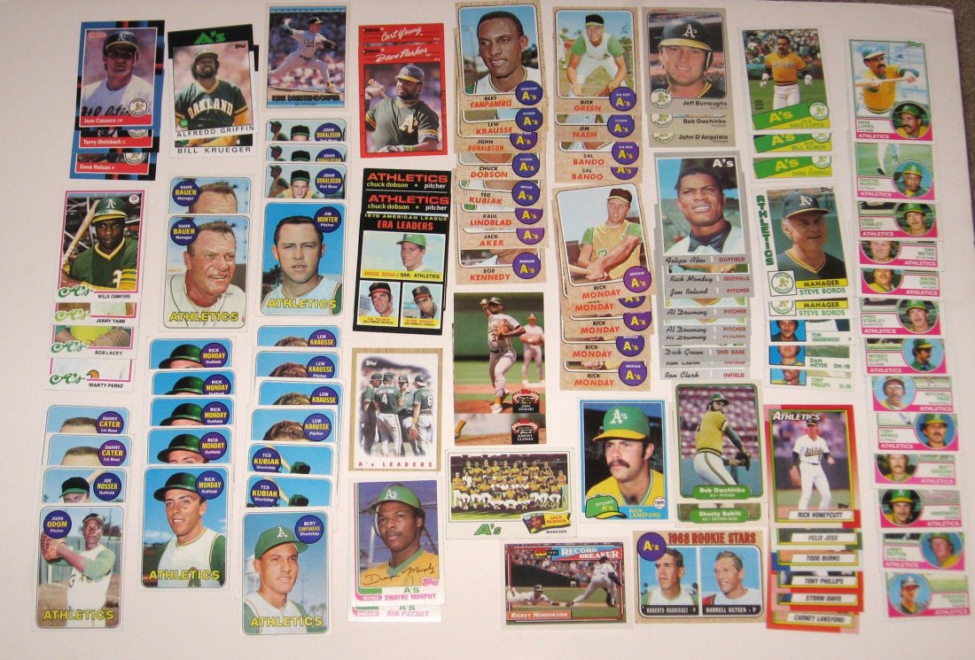 105 Oakland Athletics baseball cards.: including 1968 Bert Campaneris and 5 Rick Monday cards, 1969 cards of Jim Hunter, Bert Campaneris, Hank Bauer, 6 Rick Mondays and more all in good condition. Other players include Al Downing, Felipe A