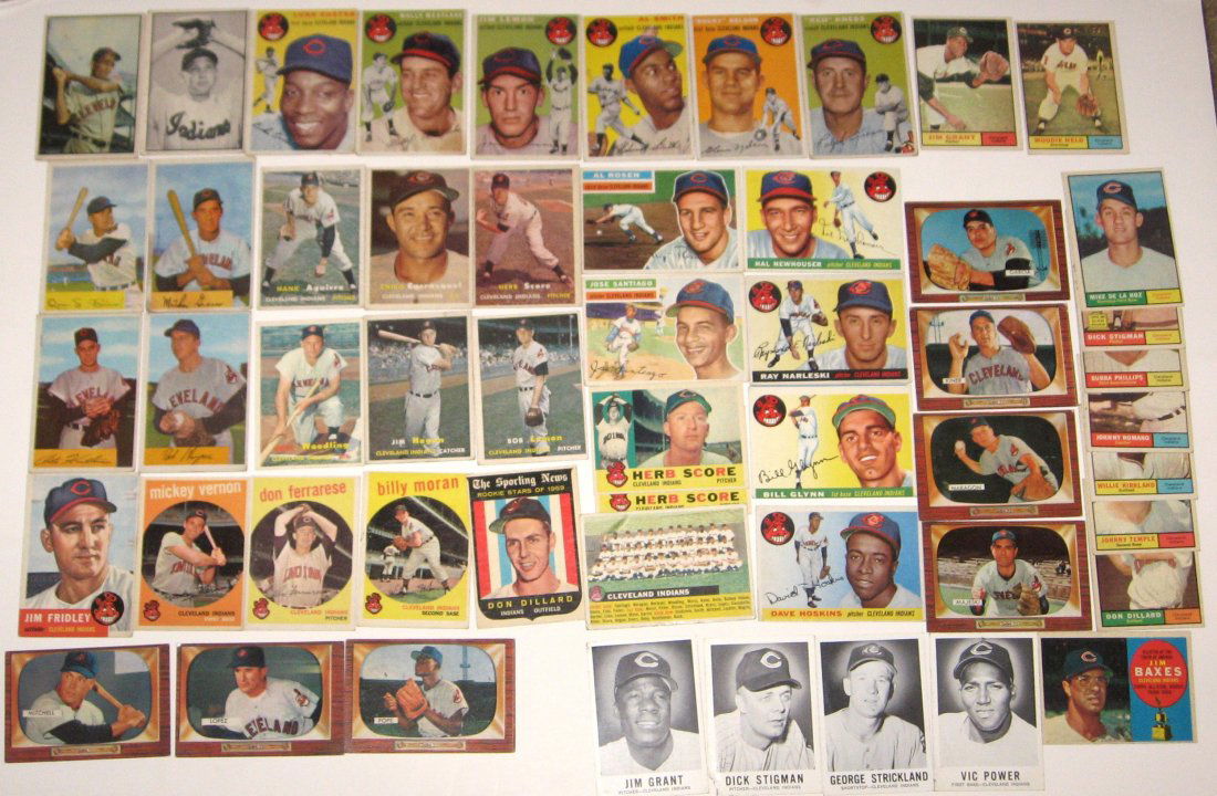 144 Cleveland Indians baseball cards.: including Bowman 1953 Harry Simpson, Bowman 1954 Ralph Kiner and Ralph Lopez, 1953 Topps Jim Fridley. 1954 Topps Luke Easter, Walley Westlake, Jim Lemon rookie, Al Smith rookie. 1955 Hal Newhouser and