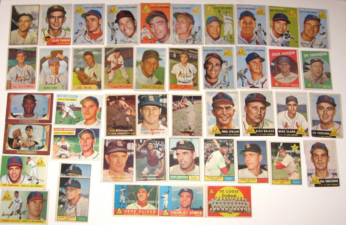 208 St. Louis Browns/Cardinals cards,: including a 1953 Bowman Marlin Stuart. 1955 Bowman Tom Alston and Ralph Beard rookie. 1953 Browns Cliff Fannin. 1953 Virgil Stallcup, Dixie Walker, Mike Clark, Les Fusselman, and Dick Bokelmann. 1954