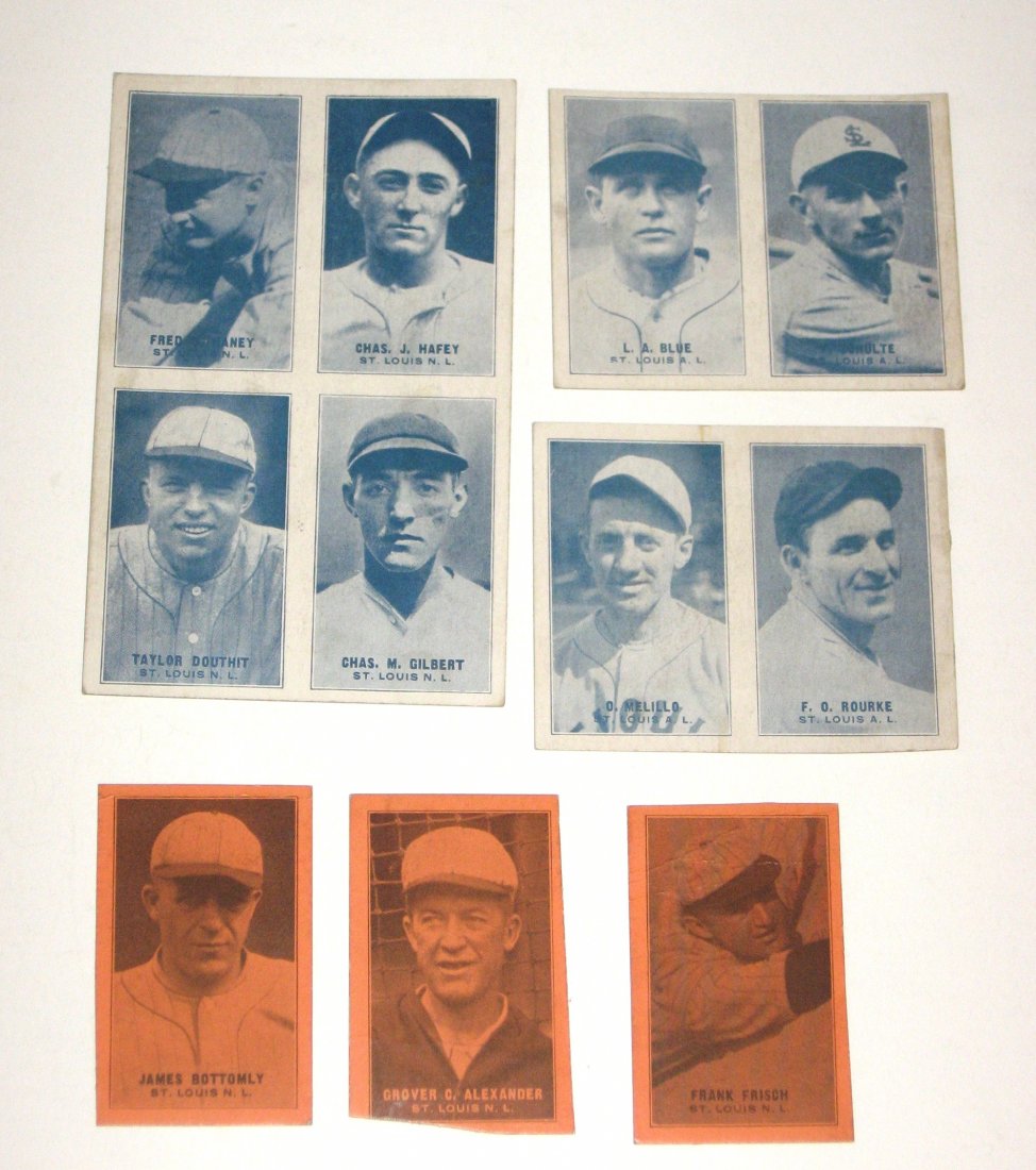 Rare four in one 1929 baseball cards,: all of St. Louis including a complete card #16 of Fred Haney Chas Hafey, Taylor Douthit, and Charles Gilbert, partial card # 15 of Frank Frisch, Grover Alexander, and James Bottomly, # 30 cut in half