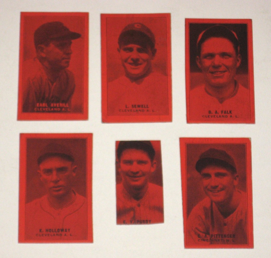 1929 four in one cuts, Cincinnati, Cleveland: Part of card #8 of Pid Purdy and Pink Pittenger, card#22 cut in four of K. Holloway, Bibb Falk, Luke Sewell, and Earl Averill.