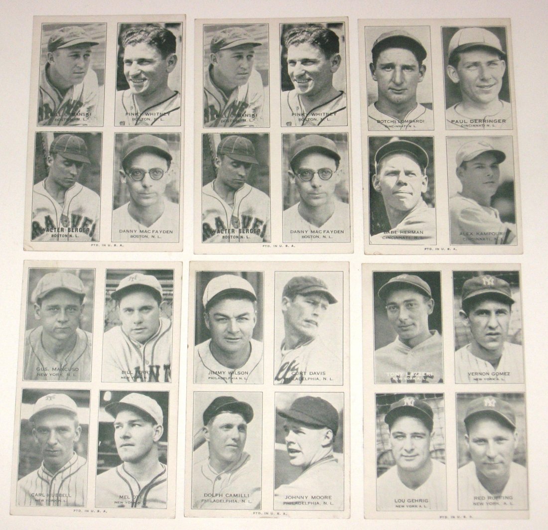 Group of 1936 Four in one baseball cards,: including two card #1's, #4 with hall of fame players Ernie Botchi Lombardi, and Paul Derringer. Card #5 with hall of fame players Bill Terry, Carl Hubbell, and Mel Ott. Card #6 and card #13 with hall