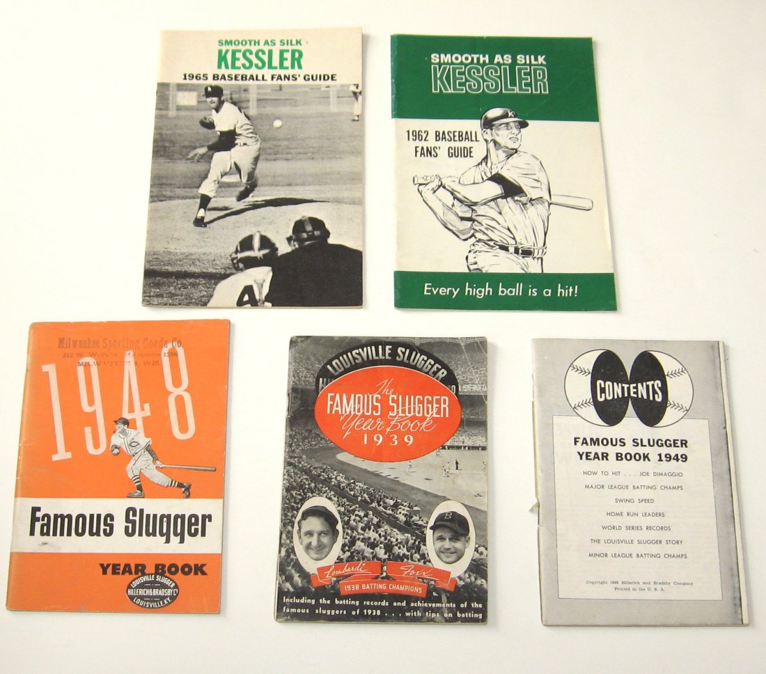 3 Famous Slugger year book 1939, 48, 49.: three publications "Famous Slugger" year book together with a 1962 and 1965 Baseball Fans guide produced by Kessler Whiskey.