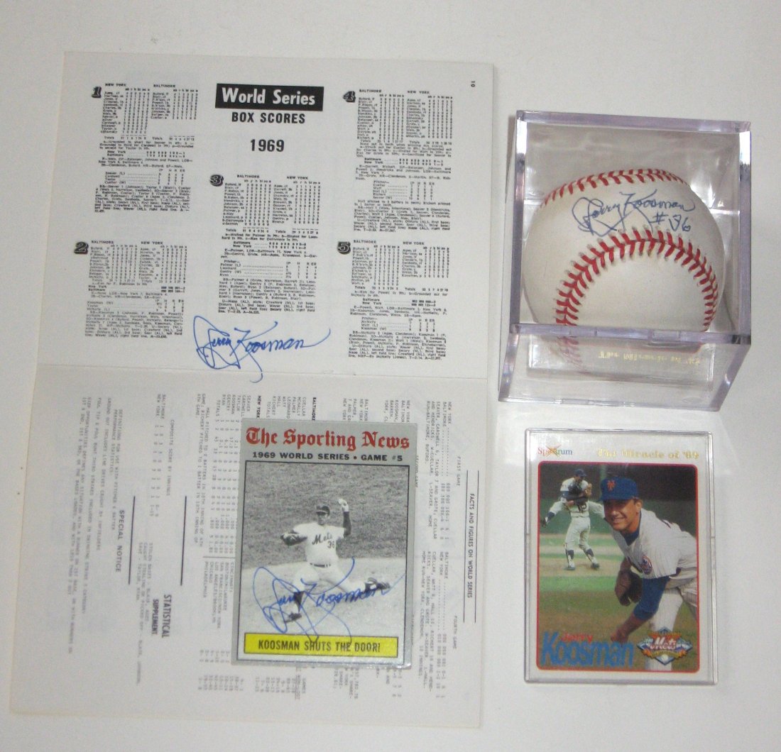 Grouping if Signed Jerry Koosman items,: including a baseball signed Jerry Kosman #36, together with a signed 1970 Topps card "Koosman shuts the door." A booklet "the Book of the 1969 World Series" with Jerry Koosman autograph on page 10, an