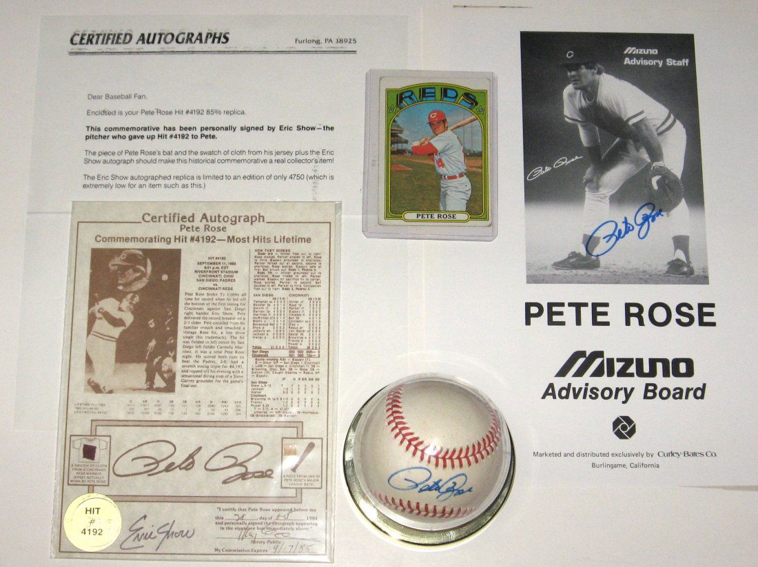 Pete Rose autograph grouping,: including a signed Pete Rose baseball and Mizuno Advisory Board photo, a 1972 baseball card, and a Eric Show autograph card with bat and jersey fragment from Pete Rose. Eric was the pitcher who gave u