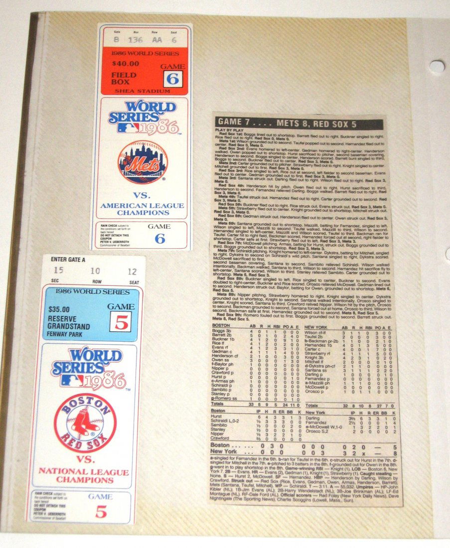 Two 1986 Mets World Series used tickets,: One for game 5 at Fenway Park with Boston Red Sox logo, one for game 6 at Shea Stadium with Mets logo.