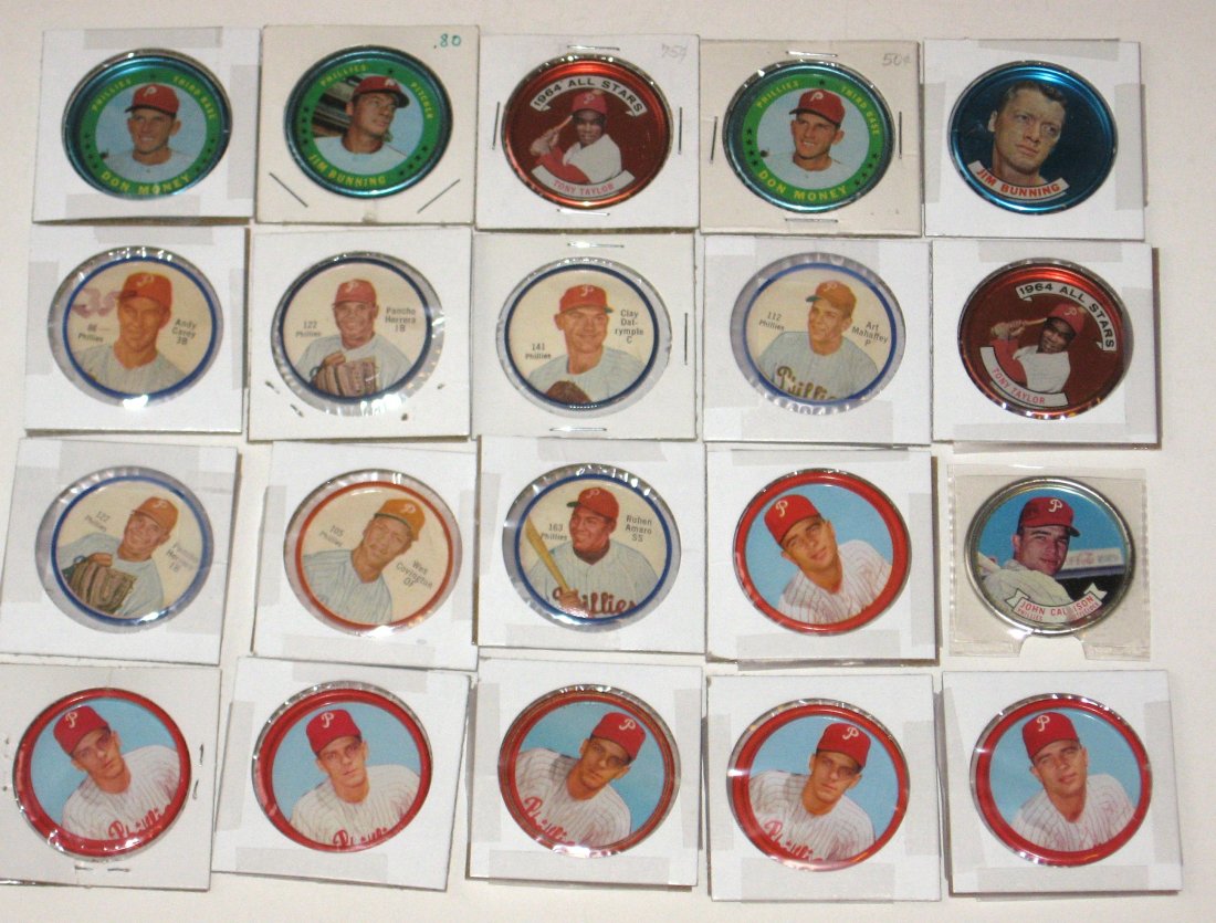 20 Philadelphia Phillies baseball coins,: including 1962 Salada Wes Covington, Ruben Amaro, Art Mahaffey, and Clay Dalrymple. Topps coins for Don Money, Jim Bunning, and Tony Taylor.