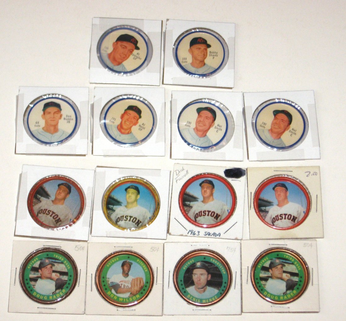 14 Houston Colts/Astros coins,: including 1963 Salada of Hal Smith, Don Buddin, Al Heist, Bobby Shantz, and Al Spangler.