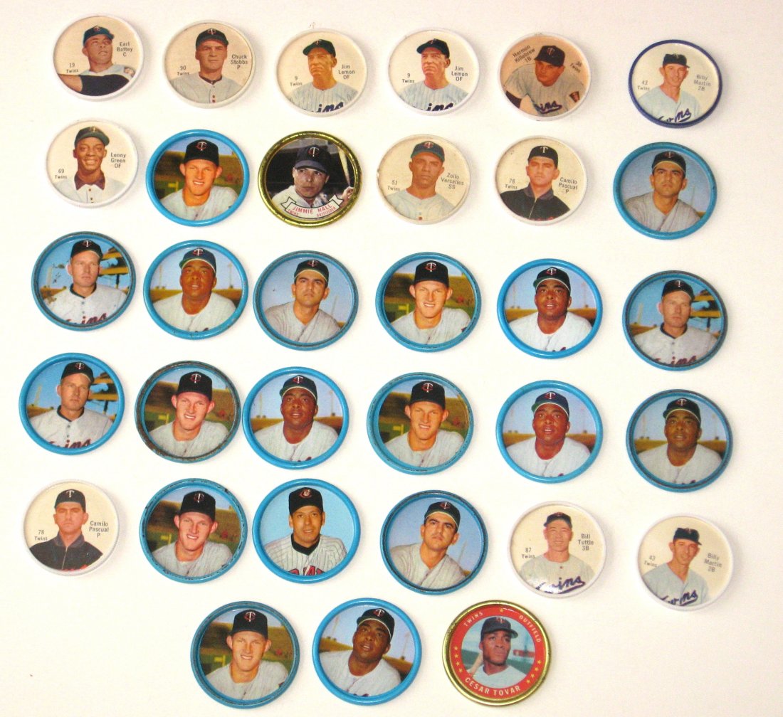 33 Minneapolis Twins baseball coins,: Including 1962 Salada Herman Killebrew, Jim Lemon, Billy Tuttle, and Billy Martin. 1963 Rich Rollin and multiple Jim Kaat and Earl Batty. 1971 Topps Cesar Tovar.