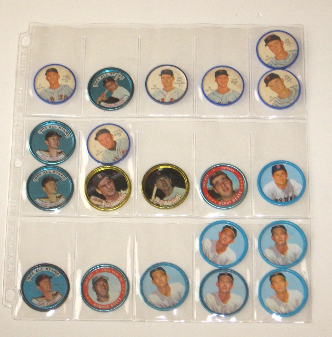 20 Boston Red Sox baseball coins,: Including 1962 Salada Jim Pagliaroni, Frank Malzone, Bill Monbouquette, and Gary Geiger. 1963 Salada Pete Runnels. 1964 Frank Malzone and Dick Stuart. 1971 George Scott and Gerry Moses.
