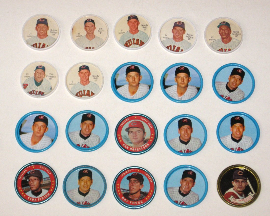 20 Cleveland Indian baseball coins,: Including Salada 1962 Willie Kirkland, Woody Held, Tito Francona, Bubba Phillips, and Jim Perry. 1971 Topps Vada Pinson, Ray Fosse, and Ken Harrelson.