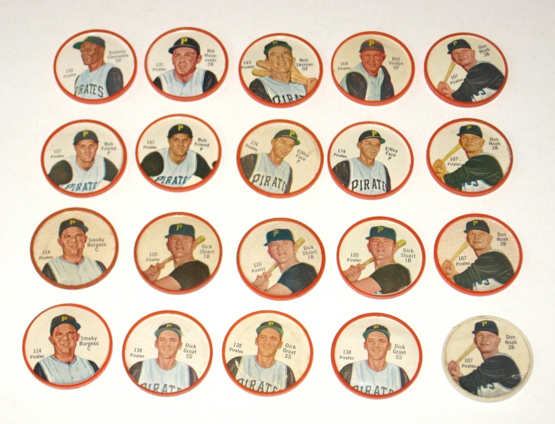 20 1962 Salada Pirate baseball coins.: Including Roberto Clemente, Bob Skinner, Bill Mazeroski, Bill Vernon, 2 ElRoy Face, 2 Bob Friend, 2 Smokey Burgess, 3 Dick Groat, 3 Dick Stuart, and 4 Don Hoak.