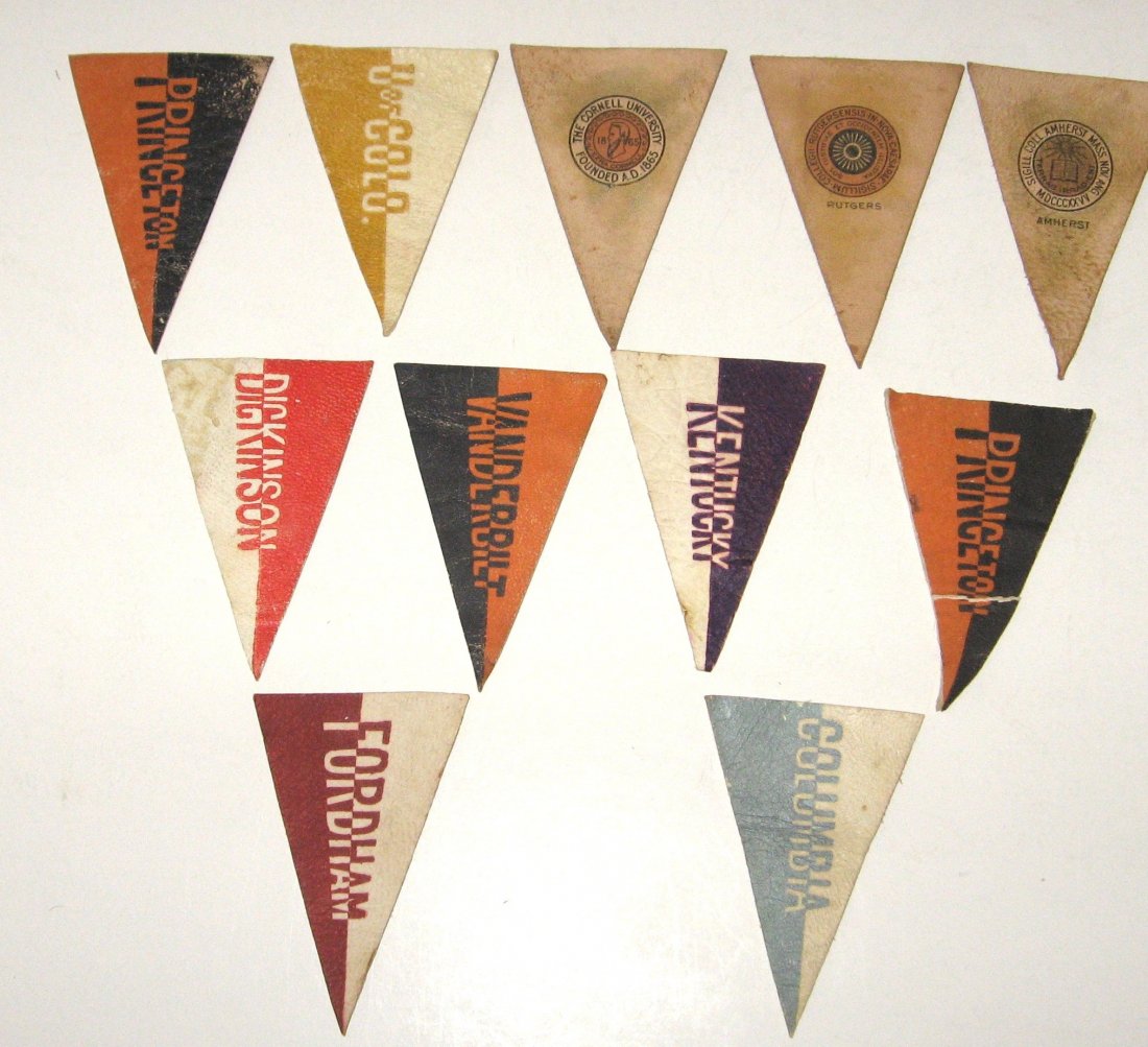 Group of 11 College Pennants, circa 1908,: Produced by the American Tobacco Company including Rutgers, Amherst, Cornell, Dickinson, Kentucky, Vanderbilt, Columbia, University of Colorado, Princeton and Fordham 2 1/2" long.