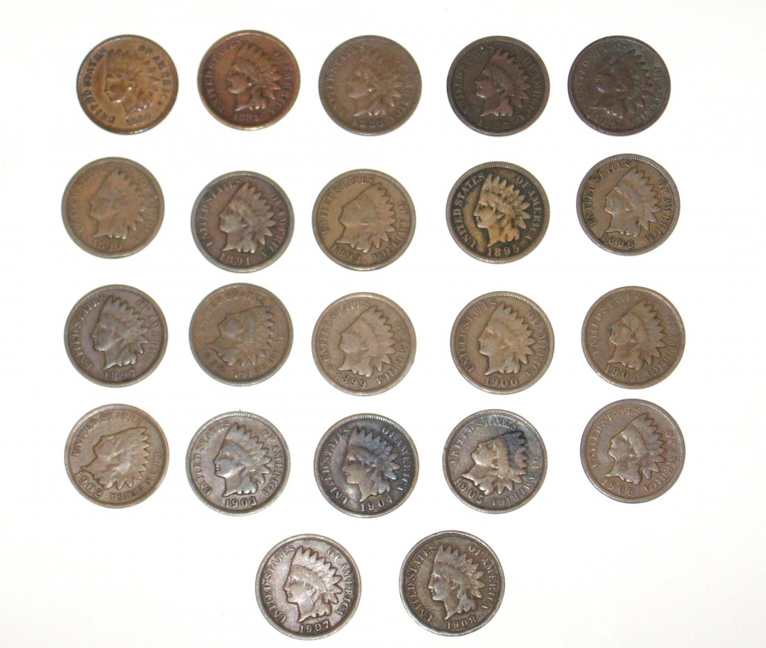 22 Indian Head pennies,: including 1880, 1881, 1883, 1887, 1889, 1890, 1891, 1893, 1895, 1896, 1897, 1898, 1899, 1900, 1901, 1902, 1903, 1904, 1905, 1906, 1907, 1908.
