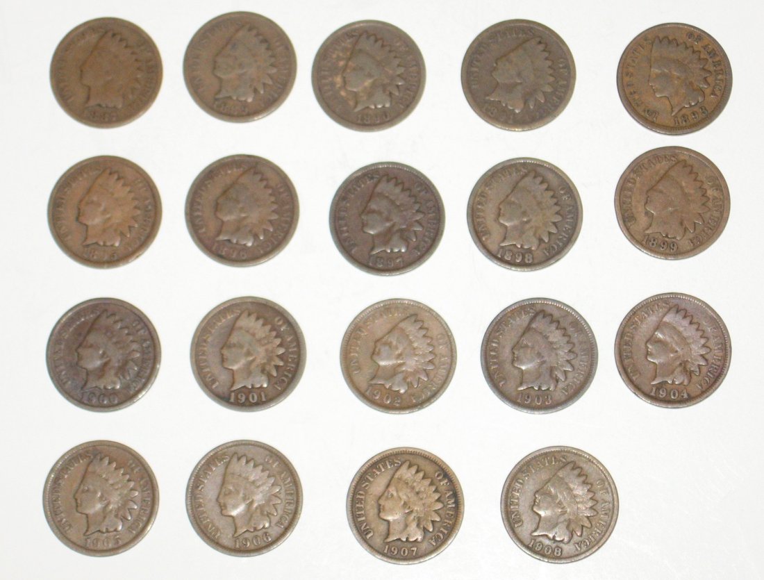 19 Indian Head pennies,: including 1887, 1889, 1890, 1891, 1893, 1895, 1896, 1897, 1898, 1899, 1900, 1901, 1902, 1903, 1904, 1905, 1906, 1907, 1908
