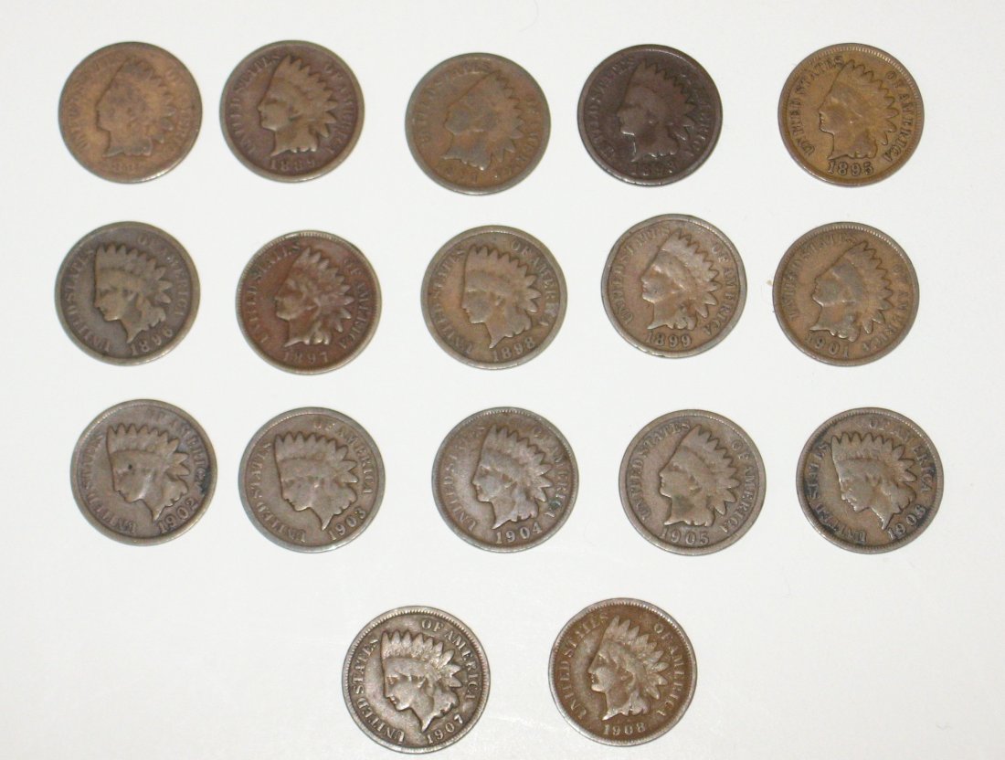 17 Indian Head pennies,: including 1887, 1889, 1891, 1893, 1895, 1896, 1897, 1898, 1899, 1901, 1902, 1903, 1904, 1905, 1906, 1907, 1908