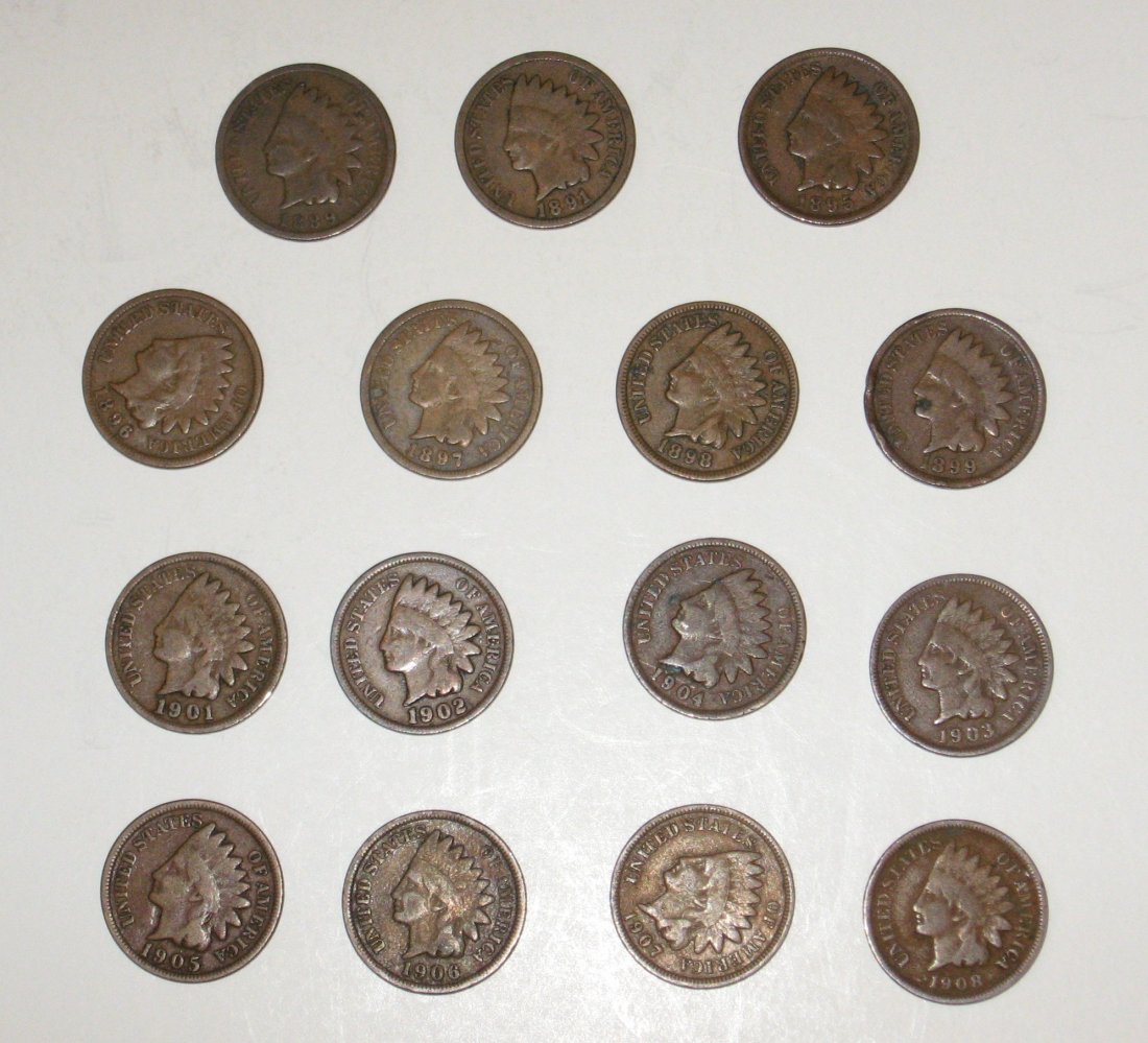 15 Indian Head pennies: including 1889, 1891, 1895, 1896, 1897, 1898, 1899, 1901, 1902, 1903, 1904, 1905, 1906, 1907, 1908