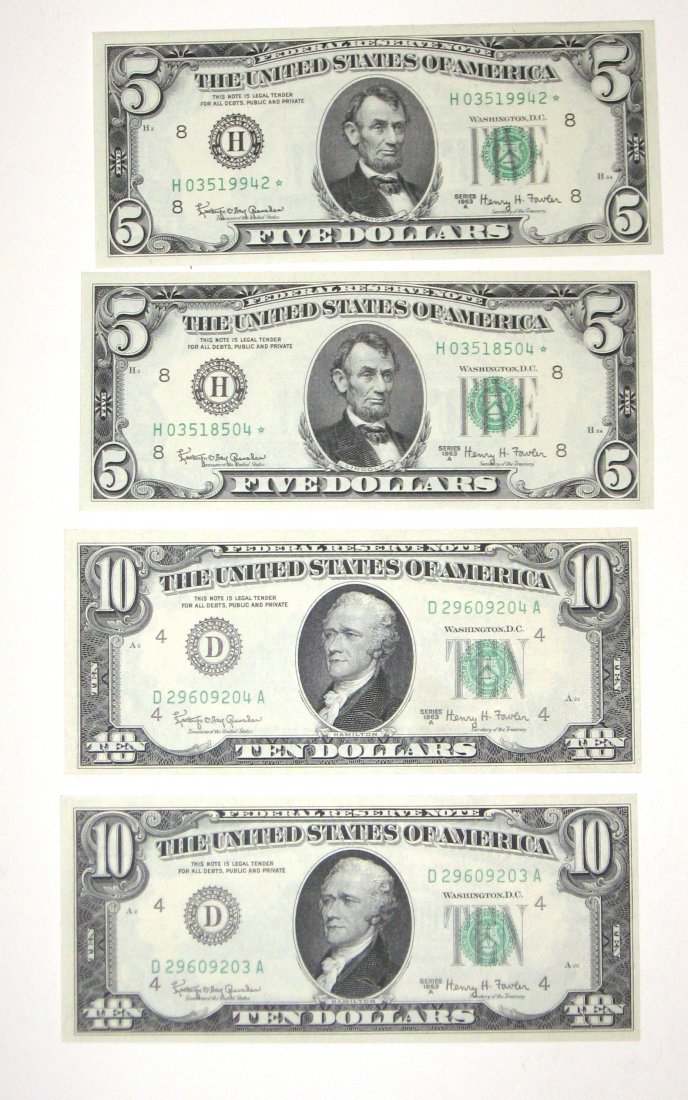 1963 Series ten and five dollar bills.: four almost perfect bills, including two tens and two fives.
