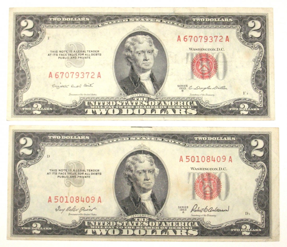 Two Series 1953 Two dollar bills.: red seal with Jefferson on the front.