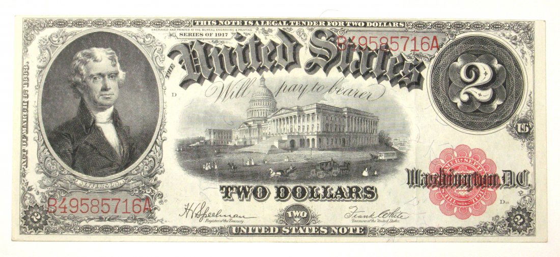 1917 U. S. two dollar bill,: red seal with Jefferson on the front,