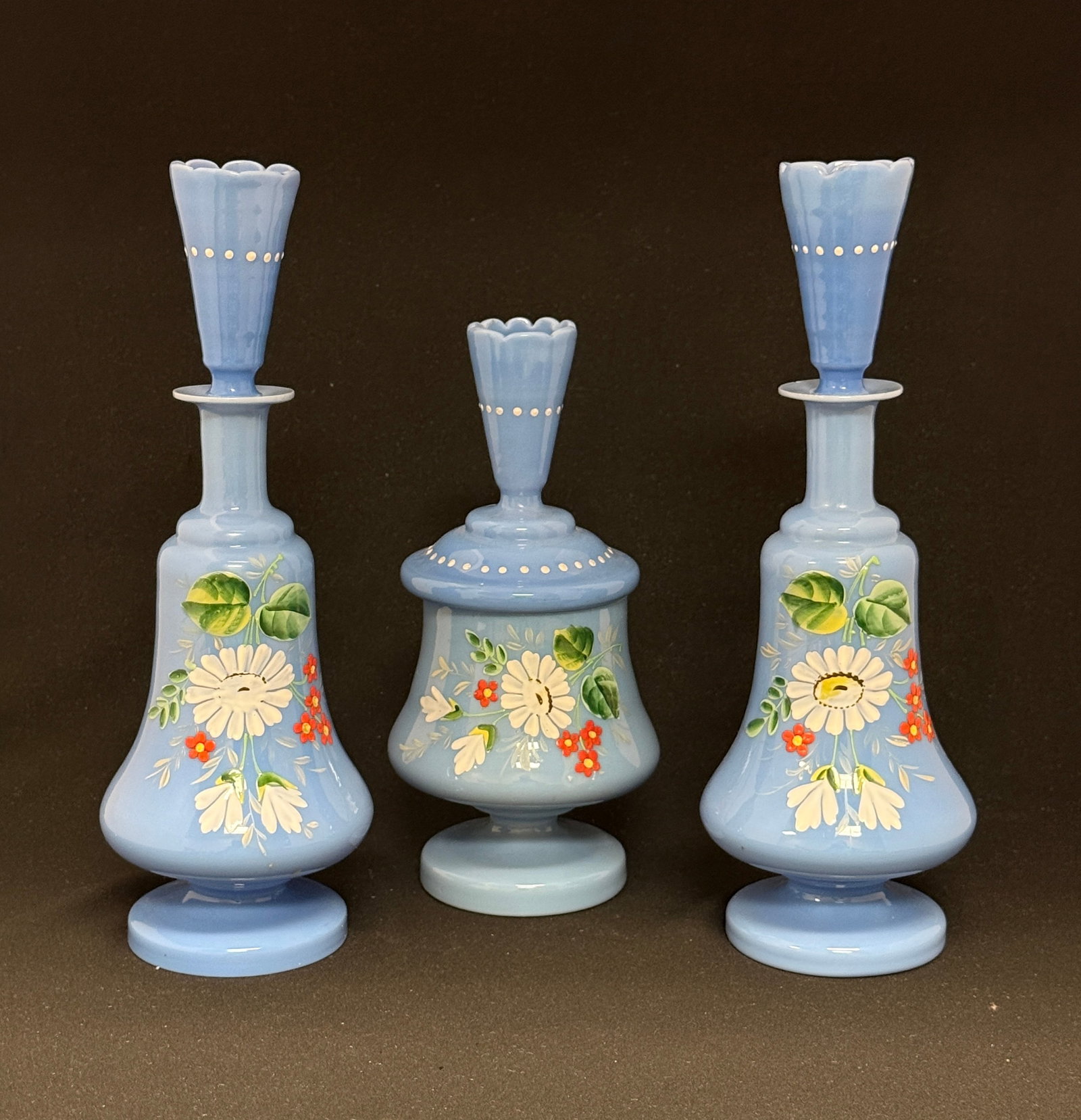 Opaline Glass Dresser set: Opaline blue glass dresser set, 10" ht. CONDITION: no chips, cracks, repairs, or material defects found, Jaremos attempts to call any material flaw that affects the price, but minor scratches and colo