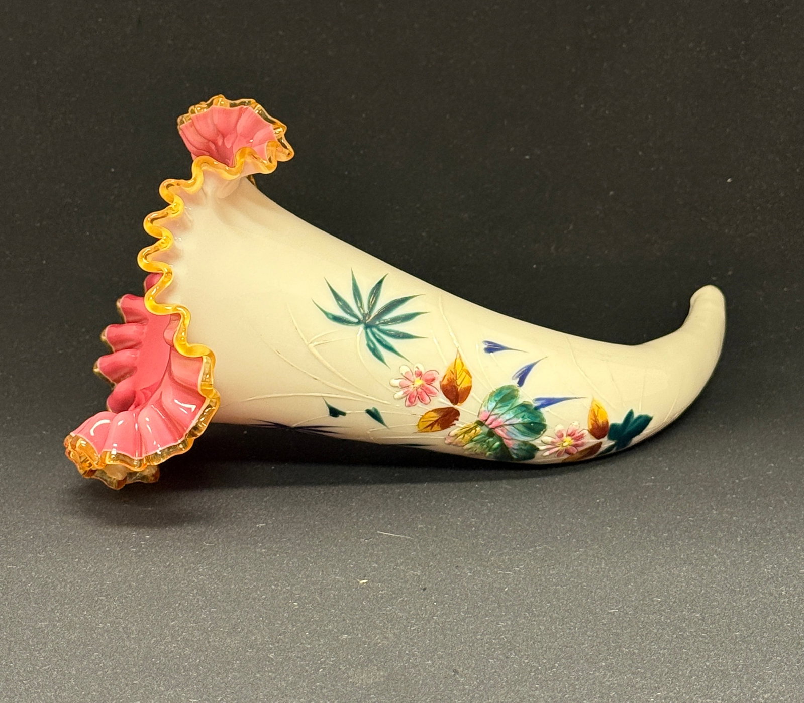 Satin Glass Horn of Plenty: Satin glass horn of plenty, 10" ht. CONDITION: no chips, cracks, repairs, or material defects found, Jaremos attempts to call any material flaw that affects the price, but minor scratches and color