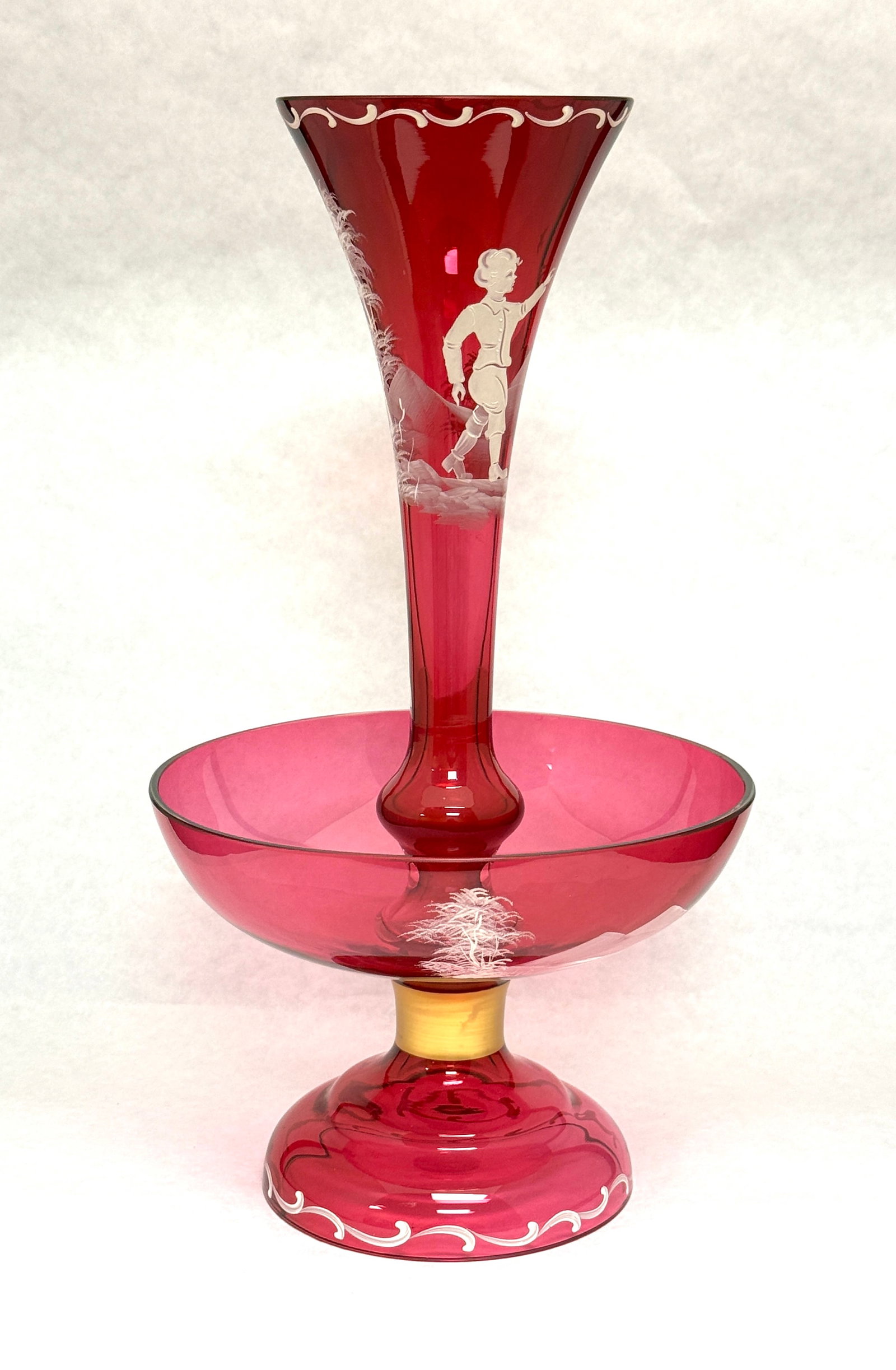 Mary Gregory Cranberry Epergne: Mary Gregory cranberry epergne, 13" ht. CONDITION: no chips, cracks, repairs, or material defects found, Jaremos attempts to call any material flaw that affects the price, but minor scratches and colo