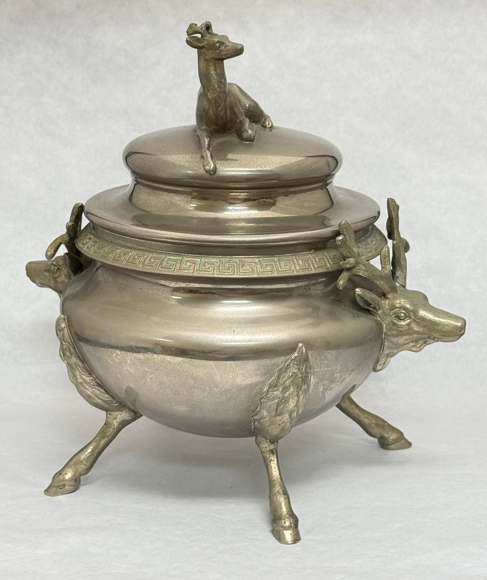 Antique Metal Covered Tureen: Antique metal covered Tureen with deer handles and finial; 11 1/2" ht. CONDITION: no chips, cracks, repairs, or material defects found, Jaremos attempts to call any material flaw that affects the