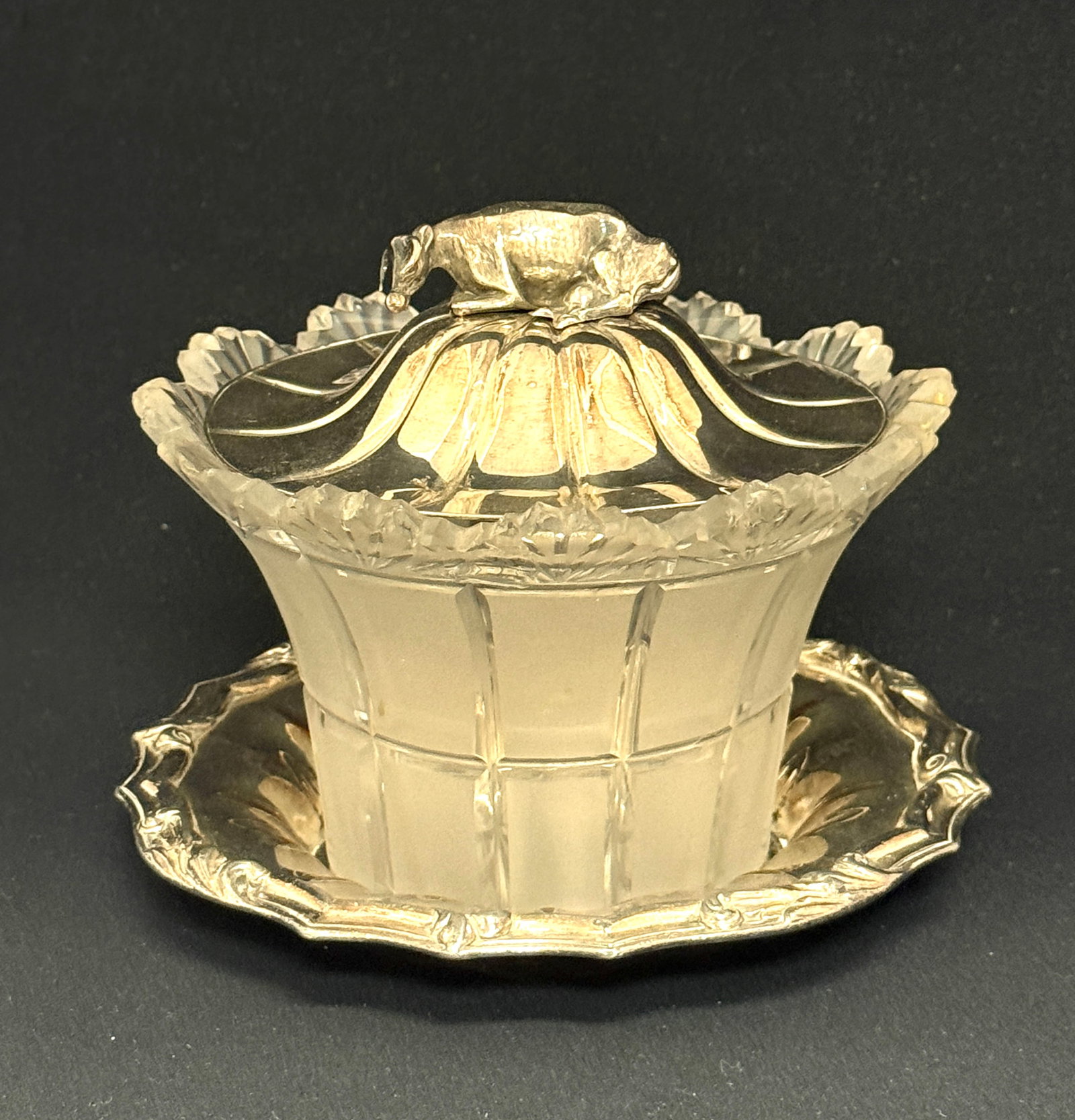 Silver Plate Covered Glass Butter: Silver plate and frosted glass butter dish, lid has cow lying down; diameter 5 7/8". CONDITION: no chips, cracks, repairs, or material defects found, Jaremos attempts to call any material flaw that