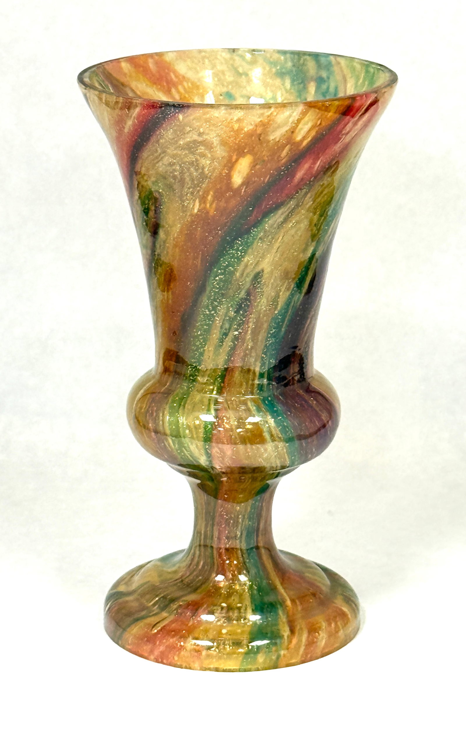 Steuben Moss Agate Piece: Steuben moss agate urn form vase, open bottom with cork stopper; ht. 7". CONDITION: some chipping around base of foot, see picture.
