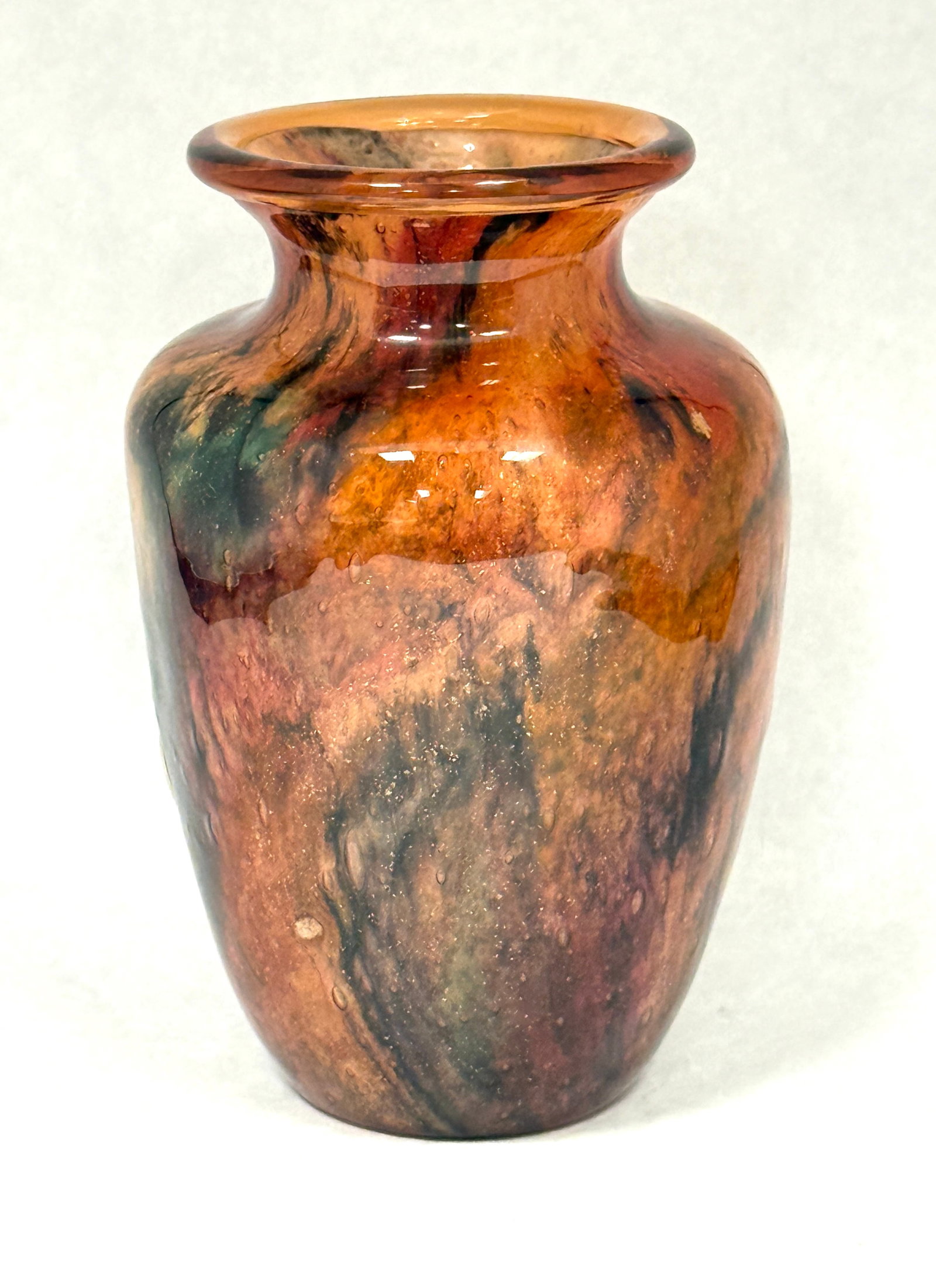 Steuben Moss Agate Vase: Steuben moss agate vase with a light opal cased interior, probably a test piece signed 40-13-32; ht 6 1/4". CONDITION: no chips, cracks, repairs, or material defects found, Jaremos attempts to call