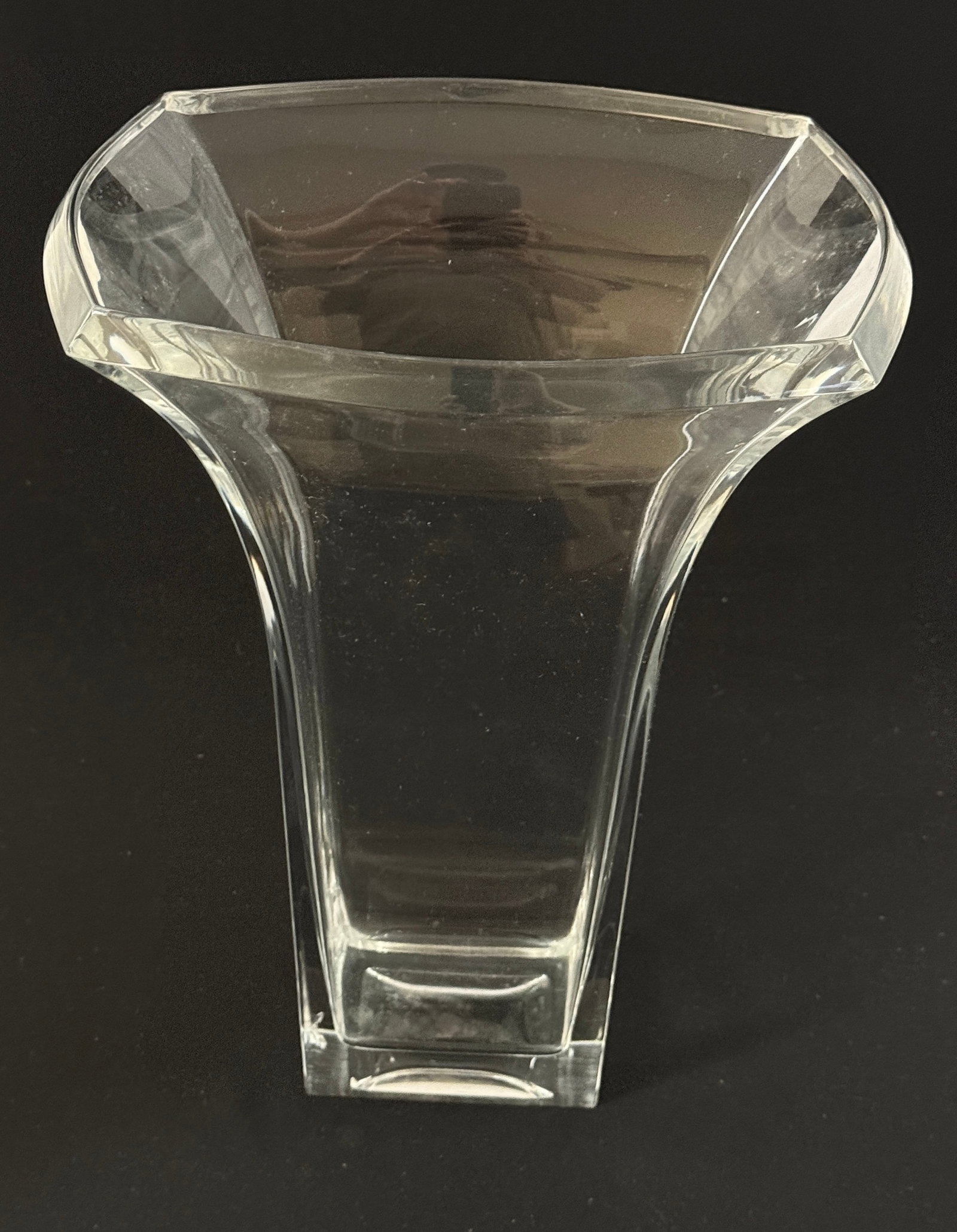 Tall Crystal Rectangular Vase: Tall crystal rectangular vase; 14" ht. CONDITION: internal bruising and a small flea bite on base, see picture.