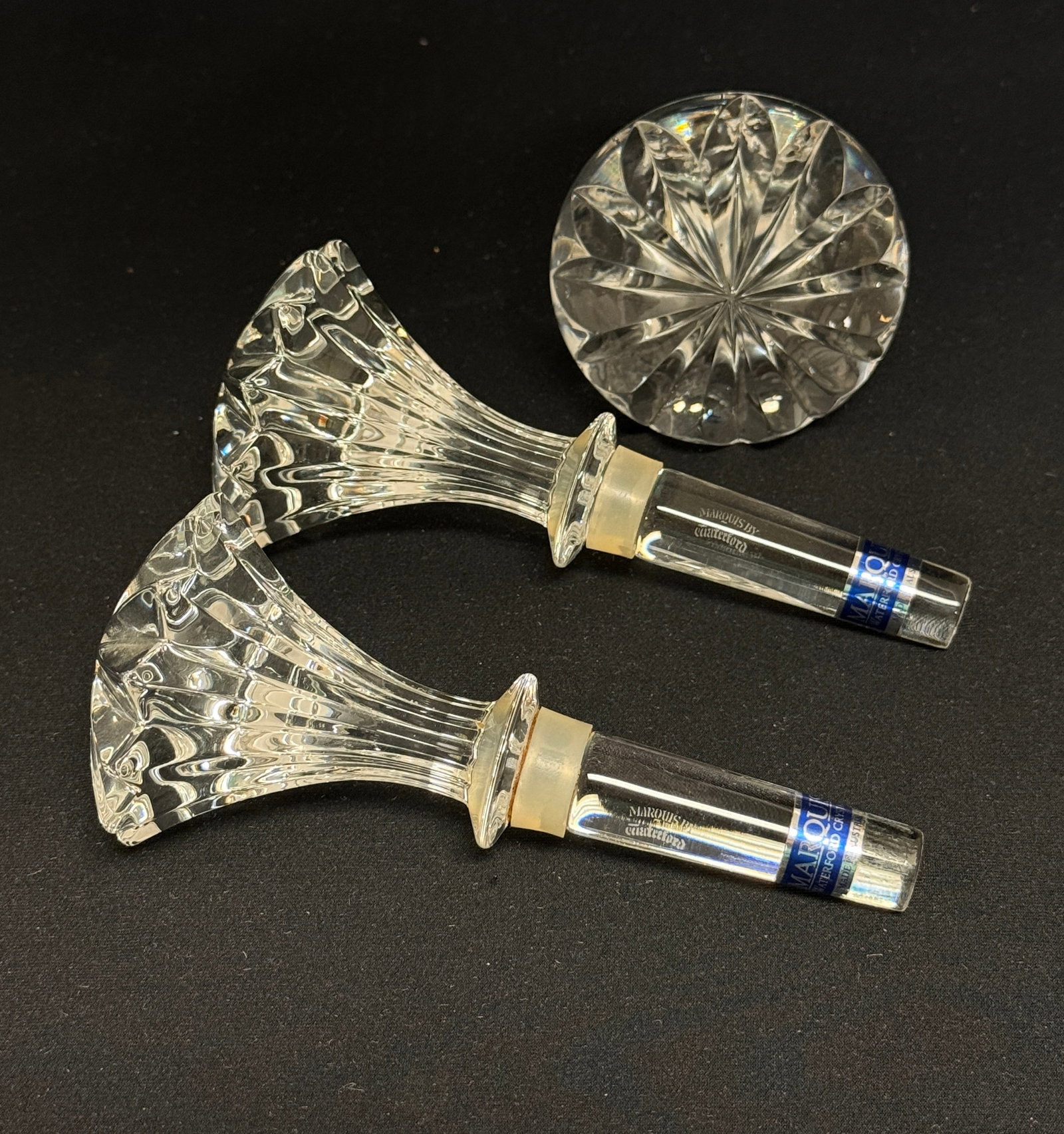 3 Glass Stoppers: 3 glass stoppers, 2 Waterford Marquis; 5 1/4 length. CONDITION: no chips, cracks, repairs, or material defects found, Jaremos attempts to call any material flaw that affects the price, but minor