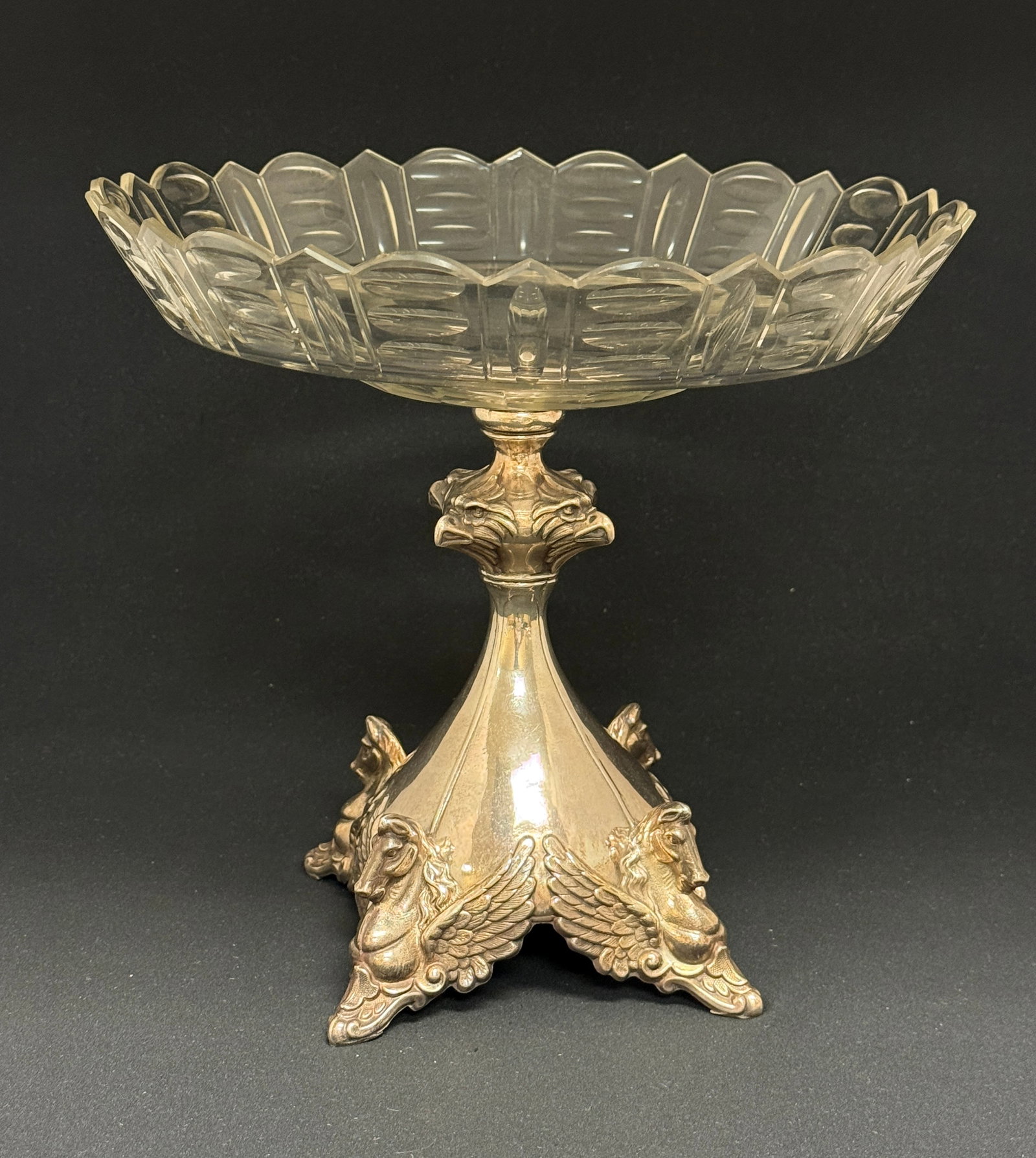 Glass and Metal Compote: Glass and metal compote with a pegasus and eagle base, 10" ht. CONDITION: no chips, cracks, repairs, or material defects found, Jaremos attempts to call any material flaw that affects the price, but