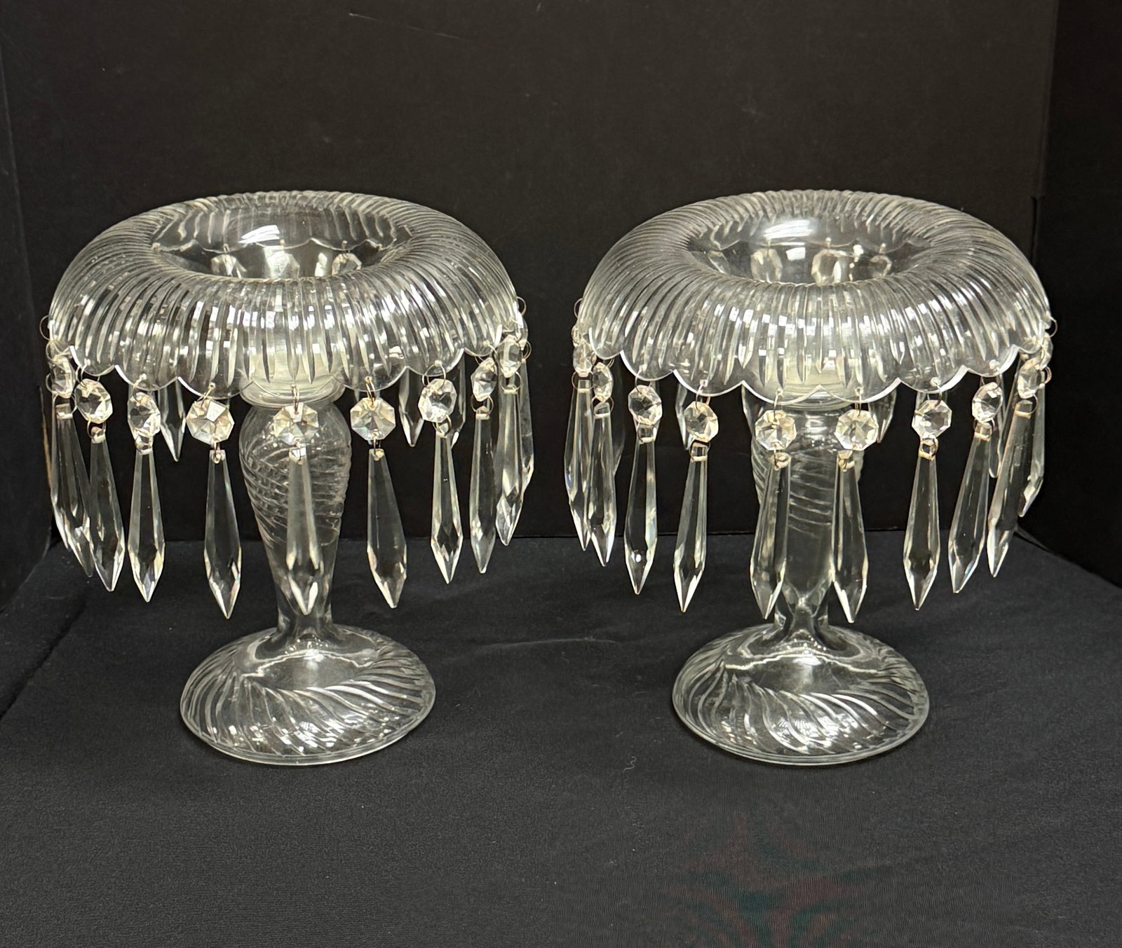 2 Cambridge Compotes with Prisms: 2 Cambridge compotes with prisms; ht. 11". CONDITION: no chips, cracks, repairs, or material defects found, Jaremos attempts to call any material flaw that affects the price, but minor scratches and c