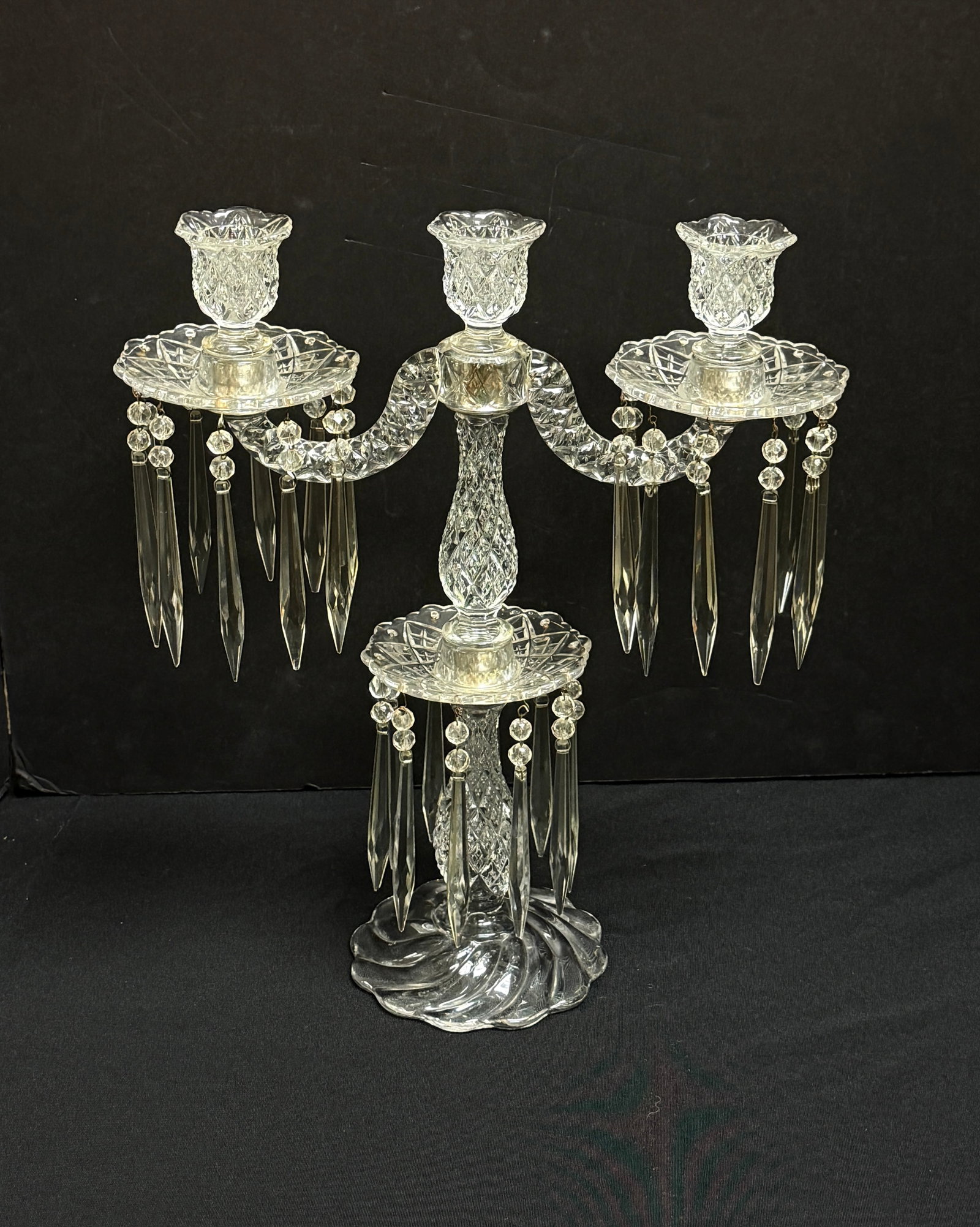 Cambridge Candelabra/Epergne: Cambridge candelabra/epergne with 3 holders and prisms; ht. 15 1/2". CONDITION: no chips, cracks, repairs, or material defects found, Jaremos attempts to call any material flaw that affects the price,