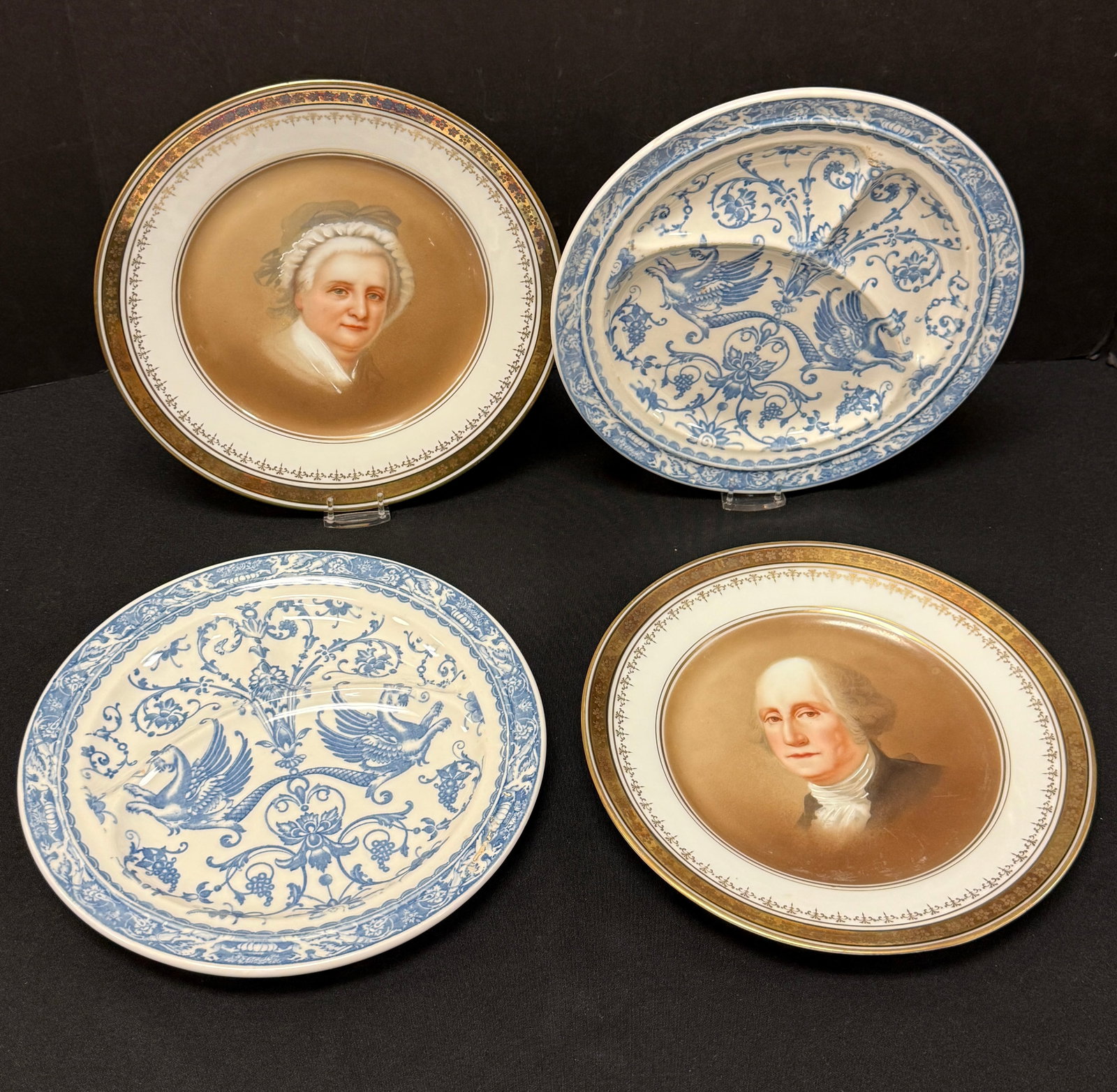 Group of Porcelain Plates: 2 porcelain plates portrait plates, one of George Washington, the other of Martha; marked Thames, stamped Tatler 550 with 2 Scammel's Southern Pacific Railroad blue flying griffins divided plates;