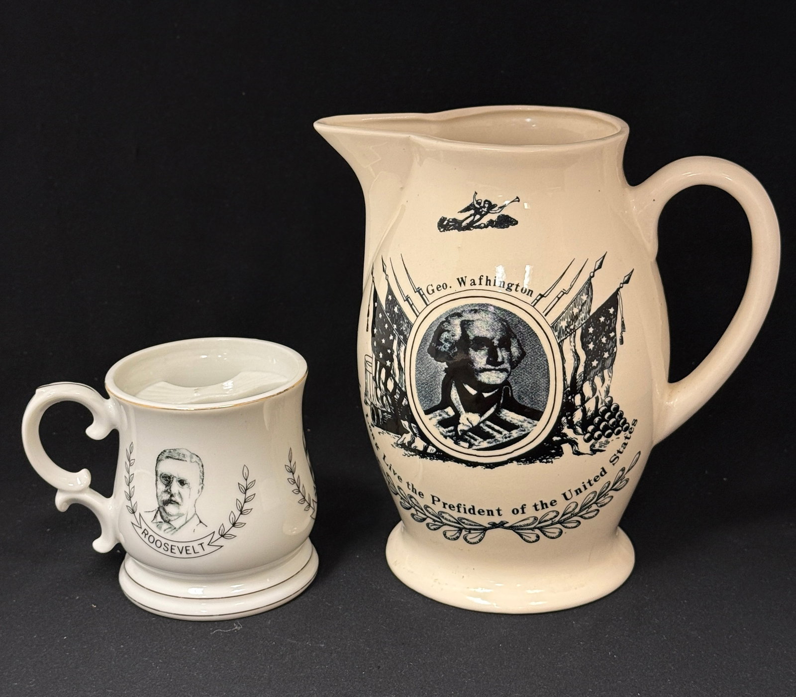 Grouping of Porcelain items: Grouping of porcelain items including a Liverpool creamware jug with George Washington and patriot theme with a porcelain patriot mustache mug with Roosevelt, Grant, and Lincoln portraits; tallest ht.