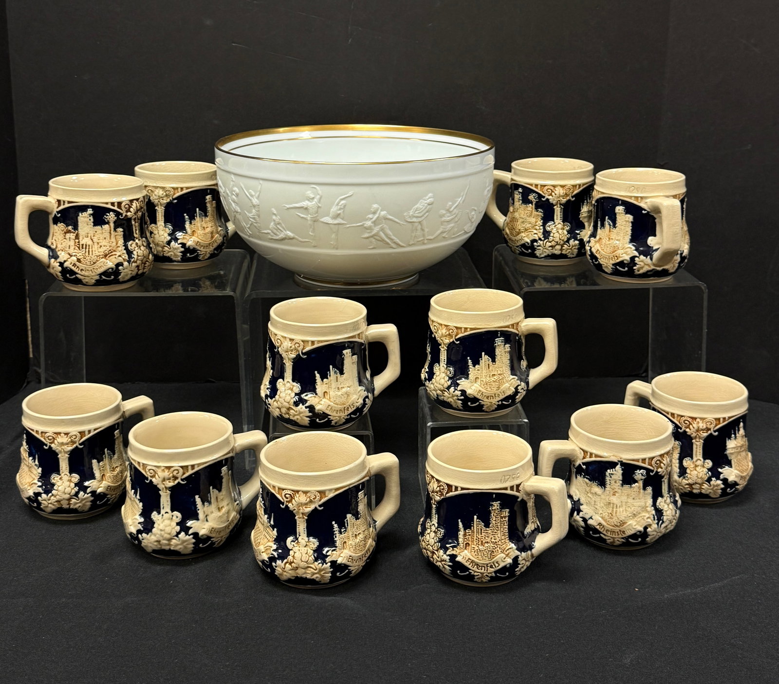 50th Anniversary Royal Ballet Bowl: The Royal Ballet London 50th Anniversary porcelain bowl together with German mugs, limited edition to commemorate the 50th anniversary 1931 - 1981; diameter 9". CONDITION: no chips, cracks, repairs,