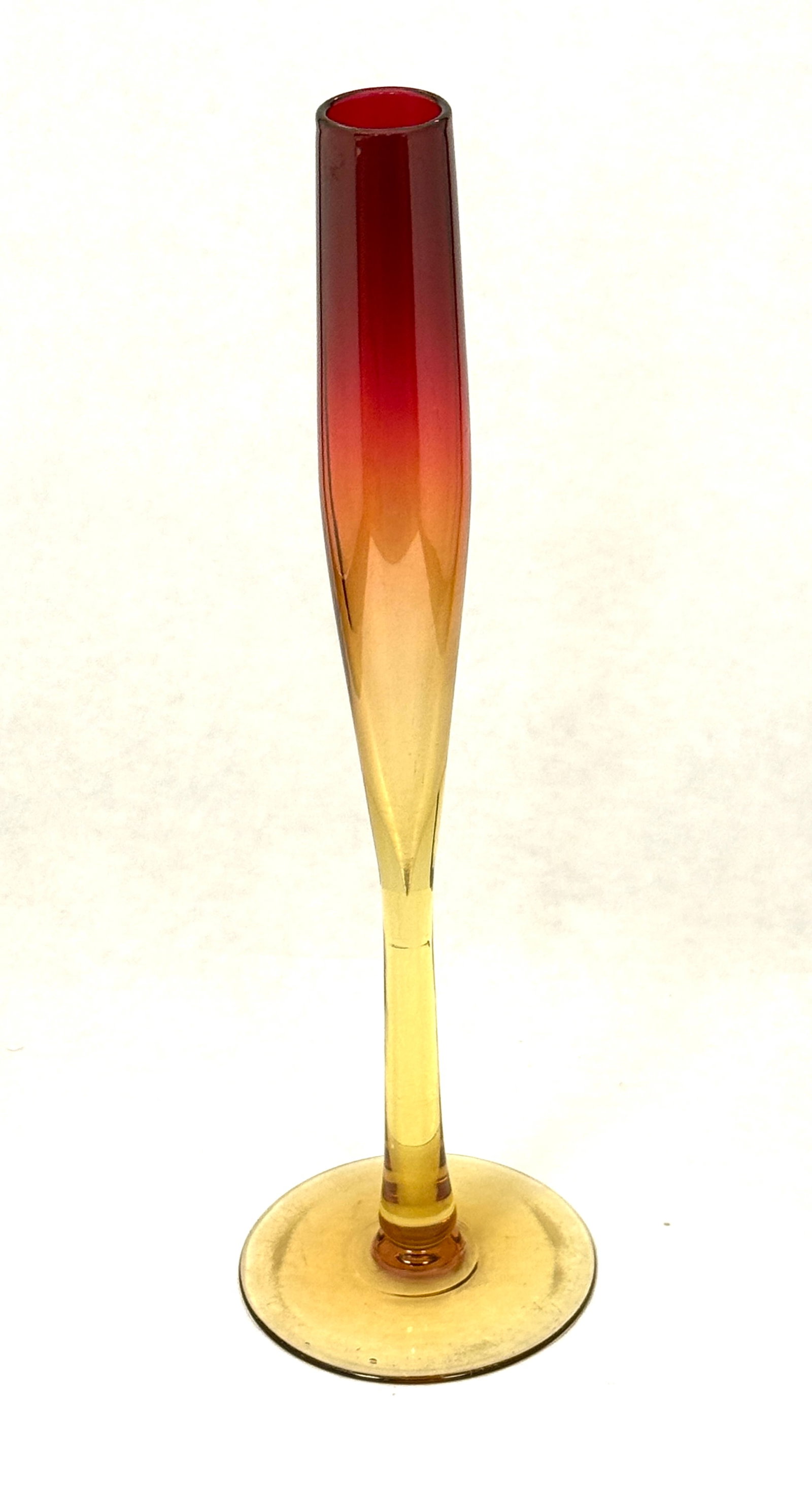 Libbey Amberina Tall Bud Vase: Libbey Amberina tall bud vase, acid stamp Libbey Amberina, 12" ht. CONDITION: no chips, cracks, repairs, or material defects found, Jaremos attempts to call any material flaw that affects the price,