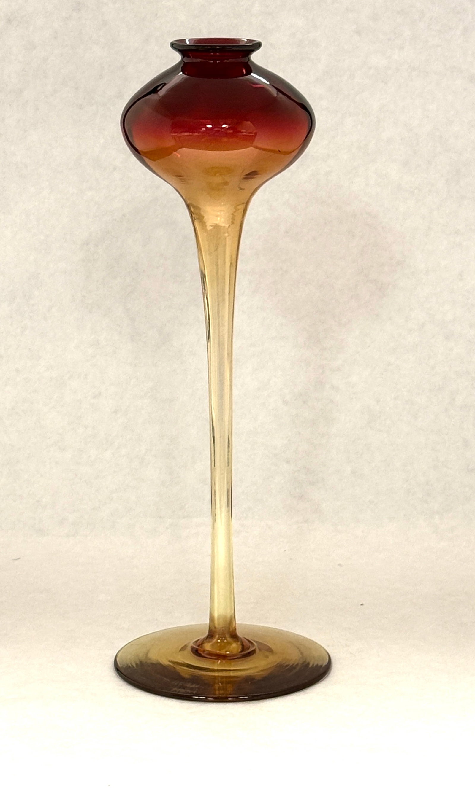 Rare Libbey Amberina Vase: Rare Libbey Amberina glass bud vase, tall stem with a fish bowl rim, signed Libbey, 11" ht. CONDITION: no chips, cracks, repairs, or material defects found, Jaremos attempts to call any material flaw 