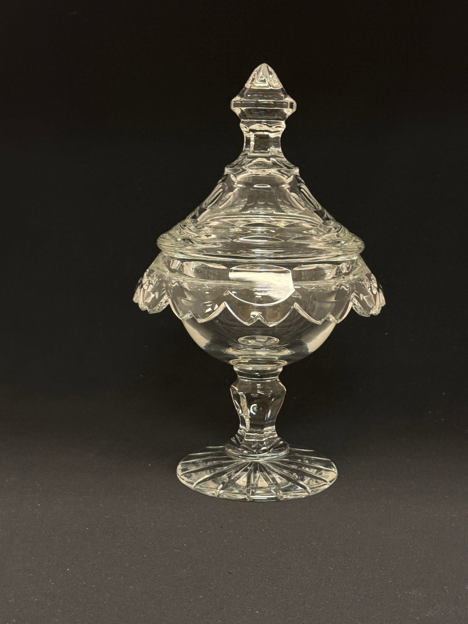 Crystal Footed Covered Candy Dish: Crystal footed covered candy dish; ht. 12". CONDITION: no chips, cracks, repairs, or material defects found, Jaremos attempts to call any material flaw that affects the price, but minor scratches and