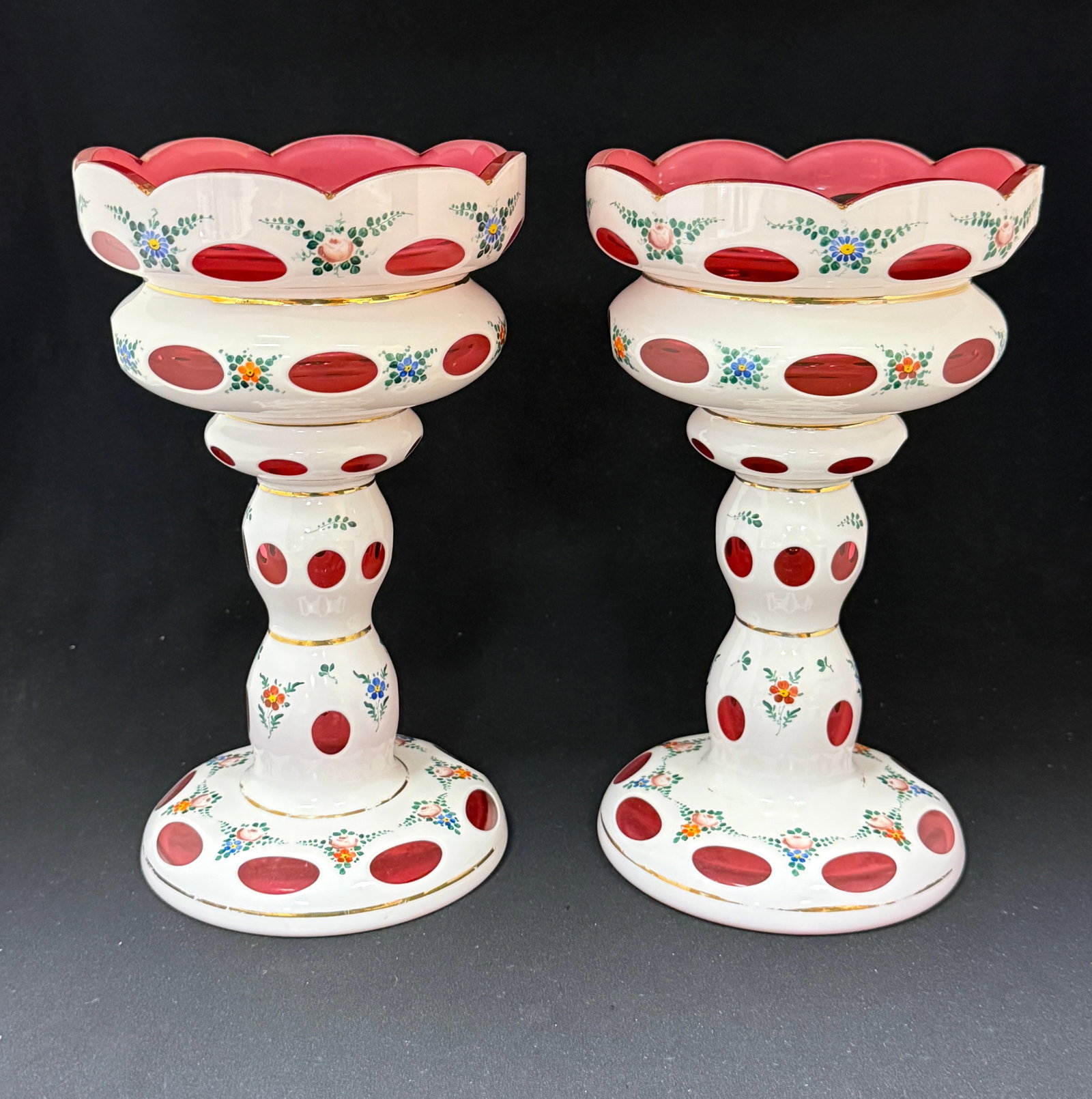 Opal Mantle Lusters: Opal mantle lusters cut to cranberry, 10" ht. CONDITION: no chips, cracks, repairs, or material defects found, Jaremos attempts to call any material flaw that affects the price, but minor scratches an